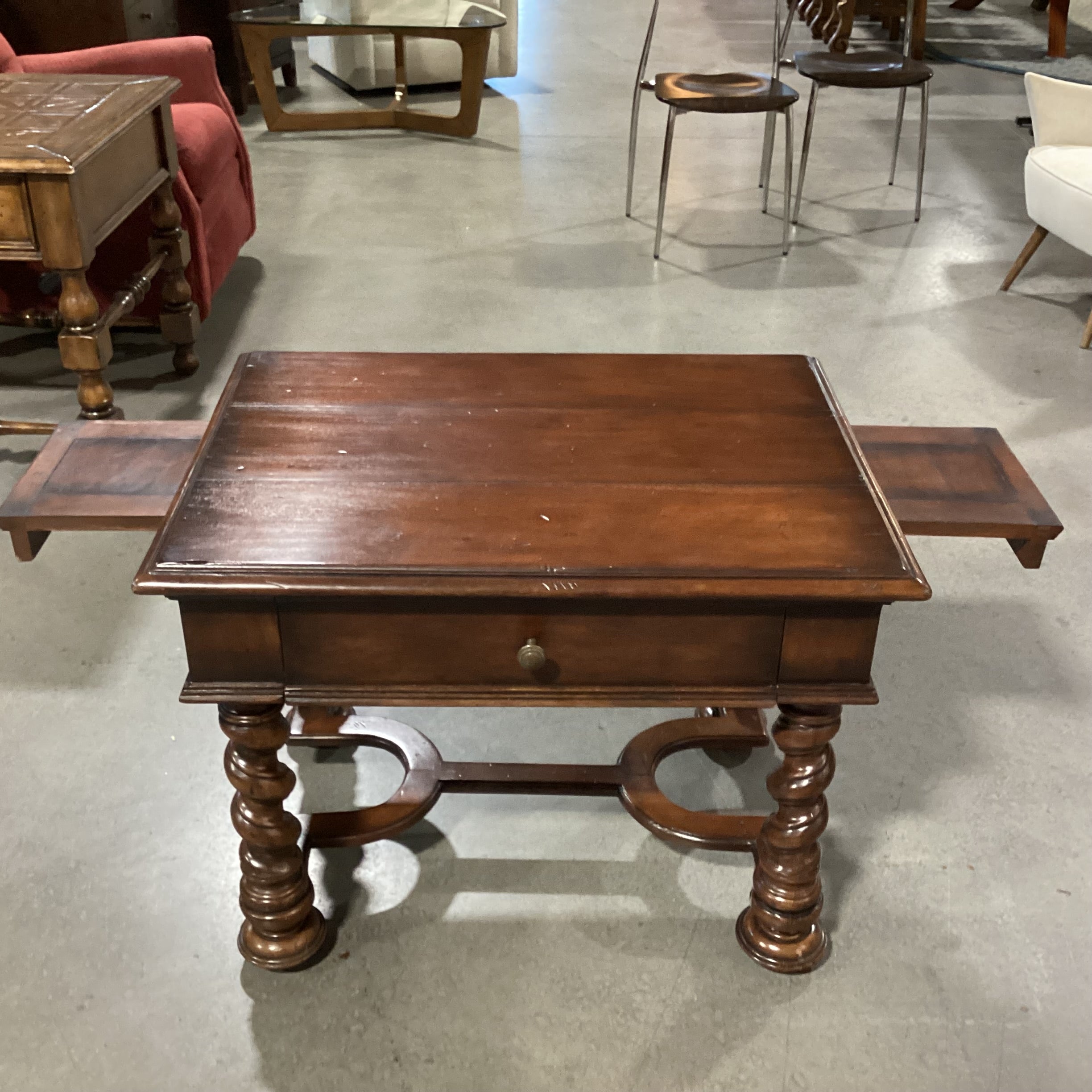 Ornate Carved Finished Solid Wood 1 Drawer Side Pullouts Trestle Base End Table 32"x 24"x 25"