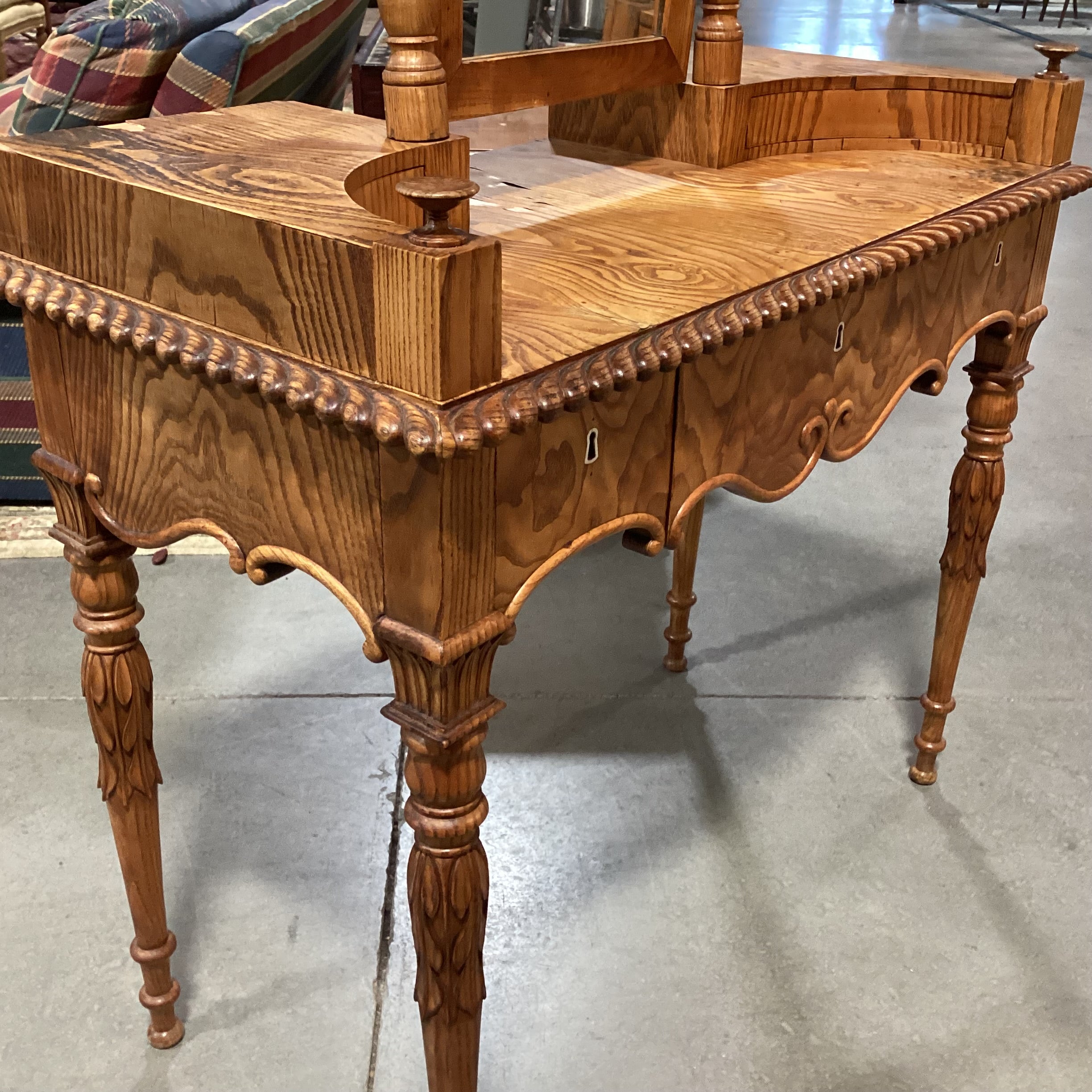 Antique American Carved Wood & Veneer 5 Drawer with Mirror Ladies Vanity Dresser 38"x 19"x 53"