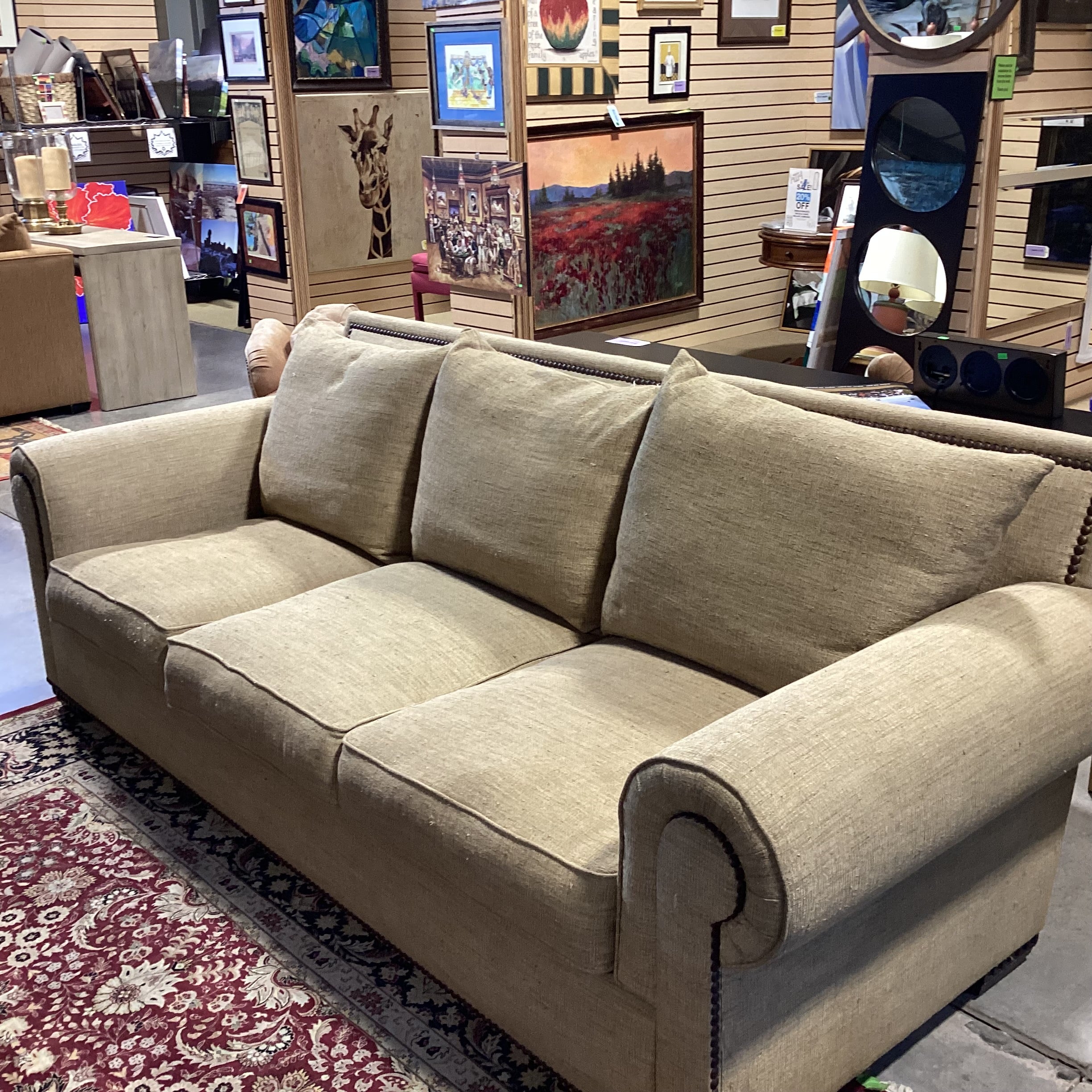 Rene Cazares Golden Tan Woven with Nailhead Down Mix Sofa 96"x 38"x 35"