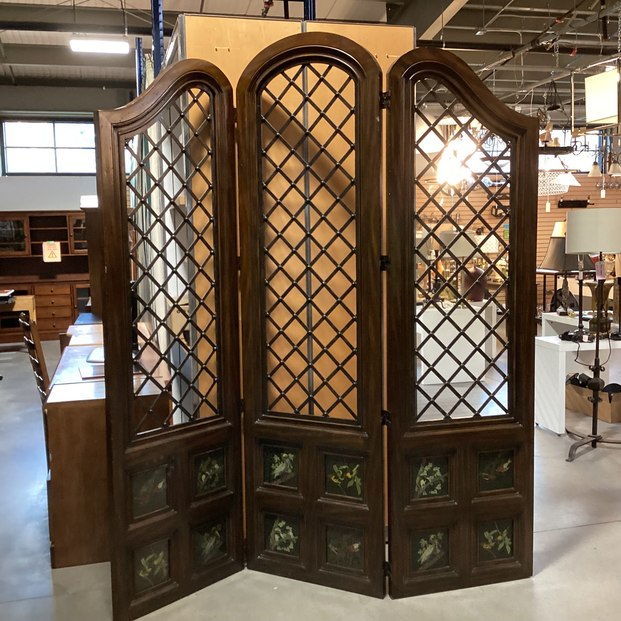 Maitland Smith Carved Wood Metal Lattice & Bird Painted Glass Panes 3 Panel Room Divider 26"x 91.5" Per Panel