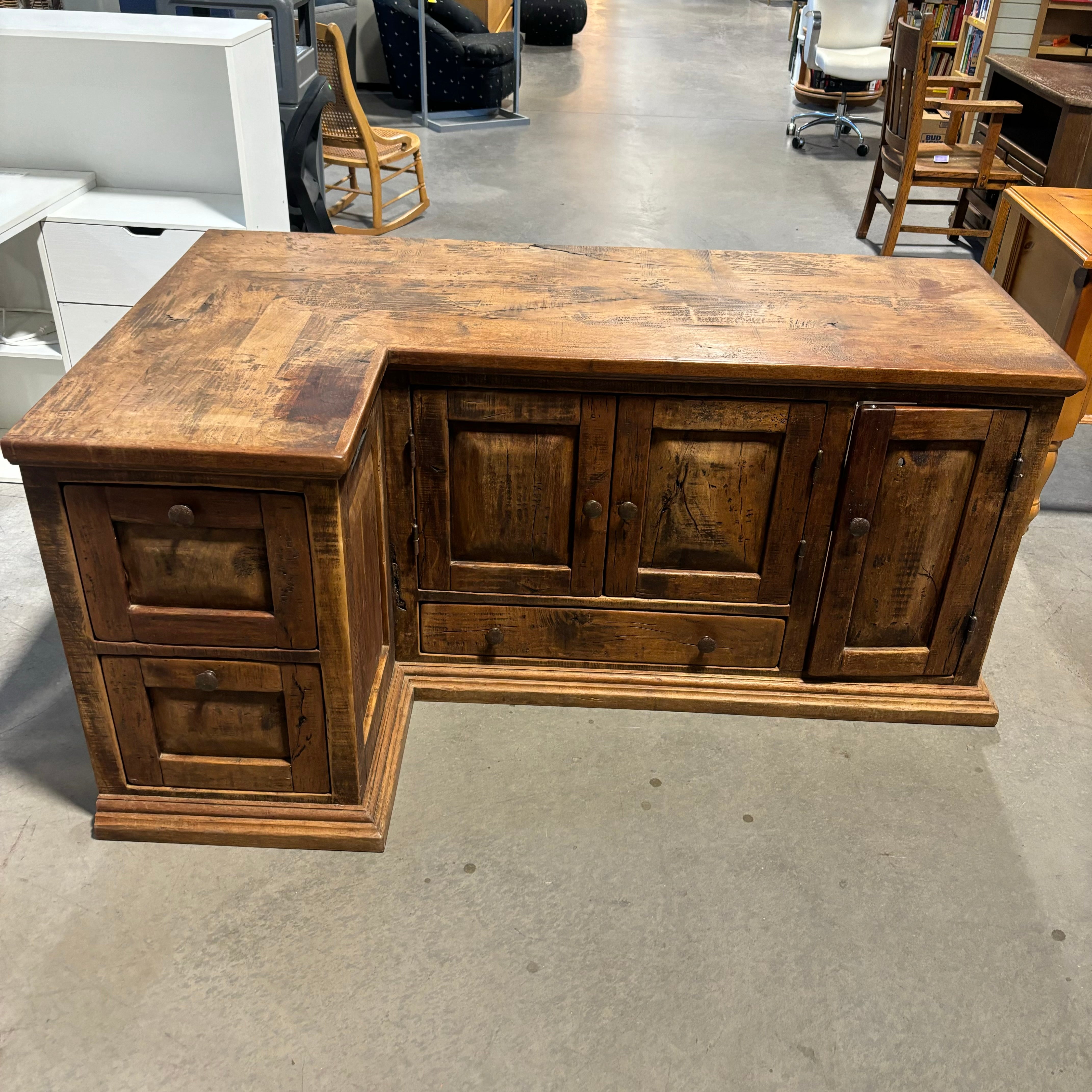 Custom Natural Distressed Wood with Iron Accents L Shaped Desk 66"x 41.5"x 30"