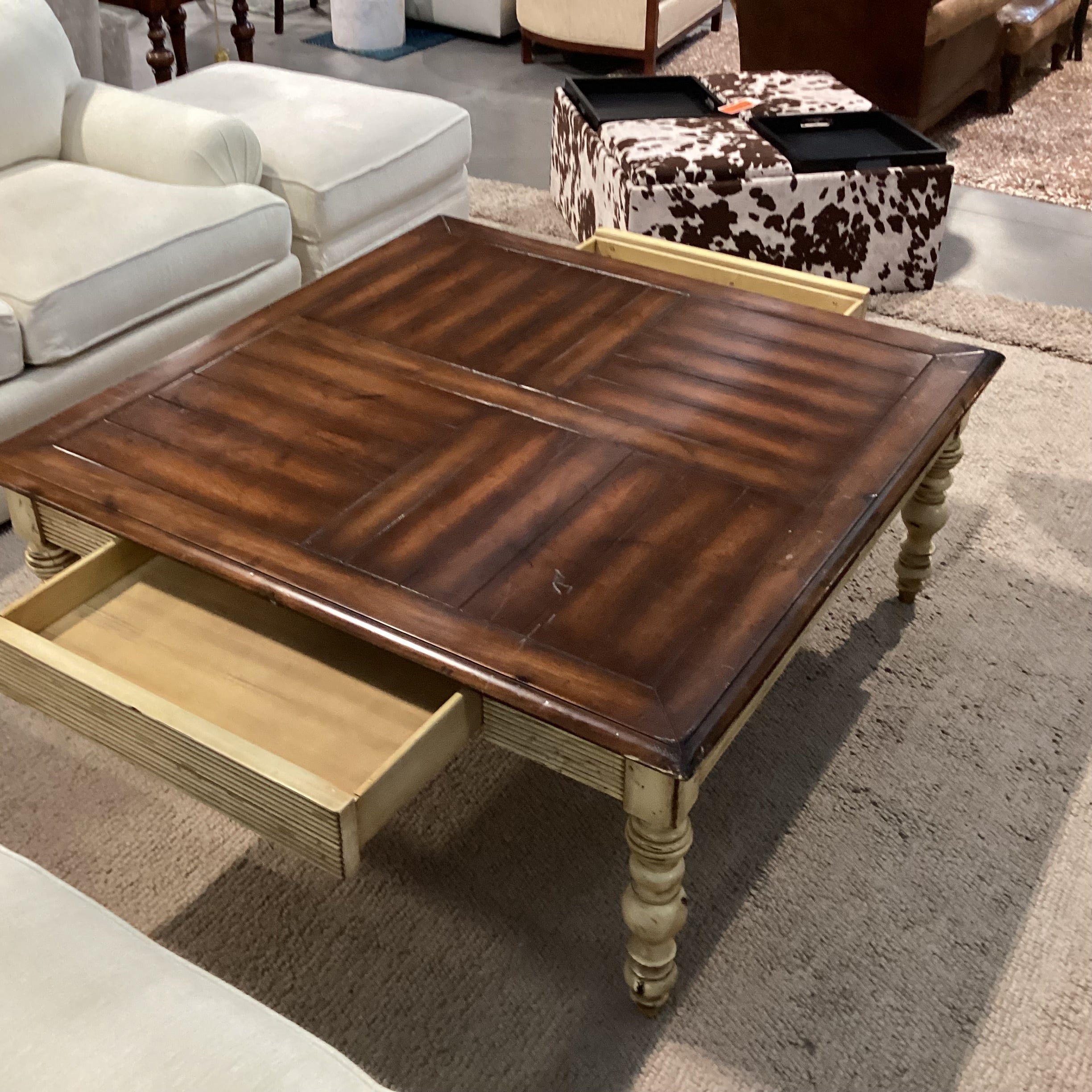 Antiqued Cream & Dark Finished Carved Wood 2 Drawer Coffee Table 48"x 48"x 21"