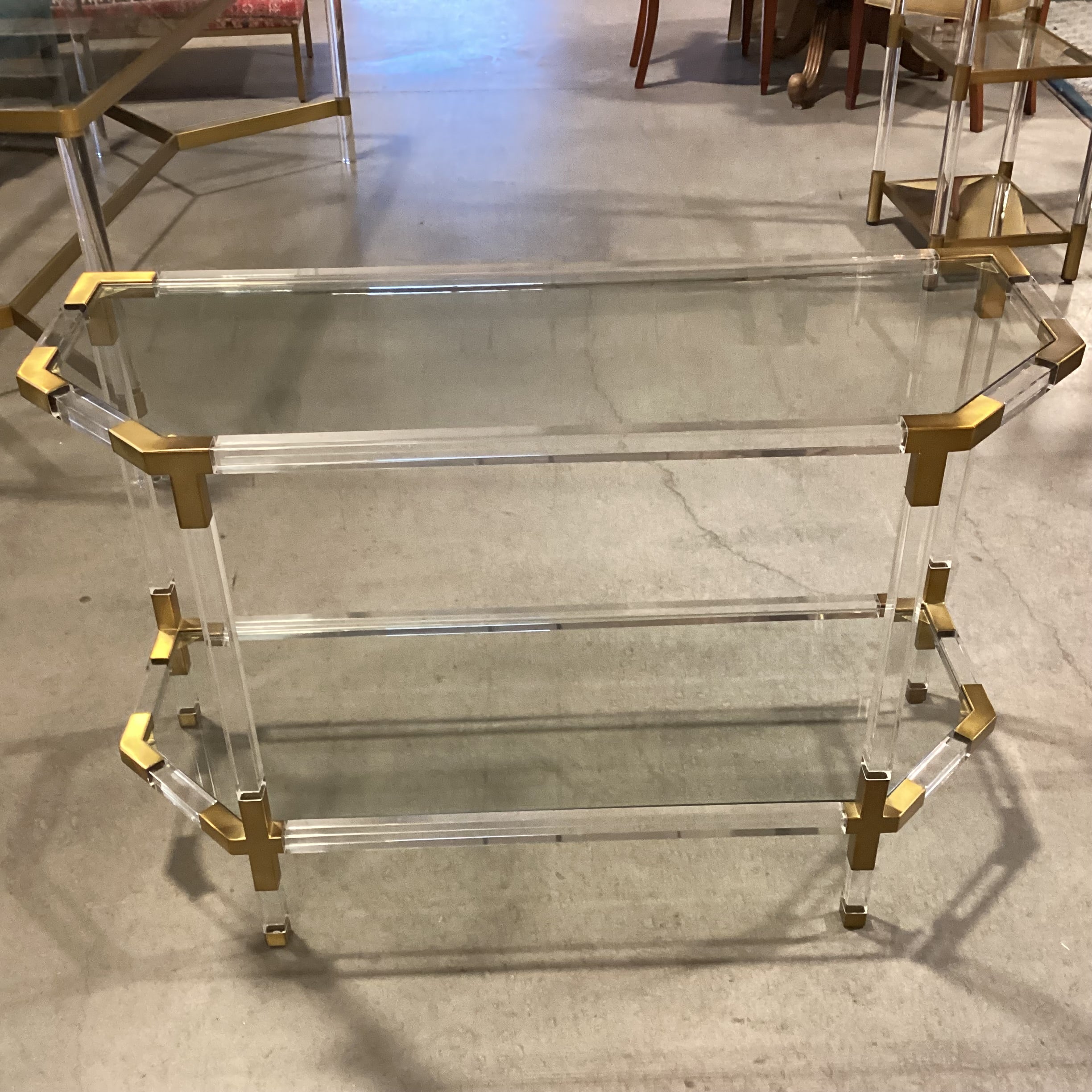 Anthropologie Oscarine Lucite & Glass with Brass Finished Metal Console Sofa Table 47"x 18"x 30"