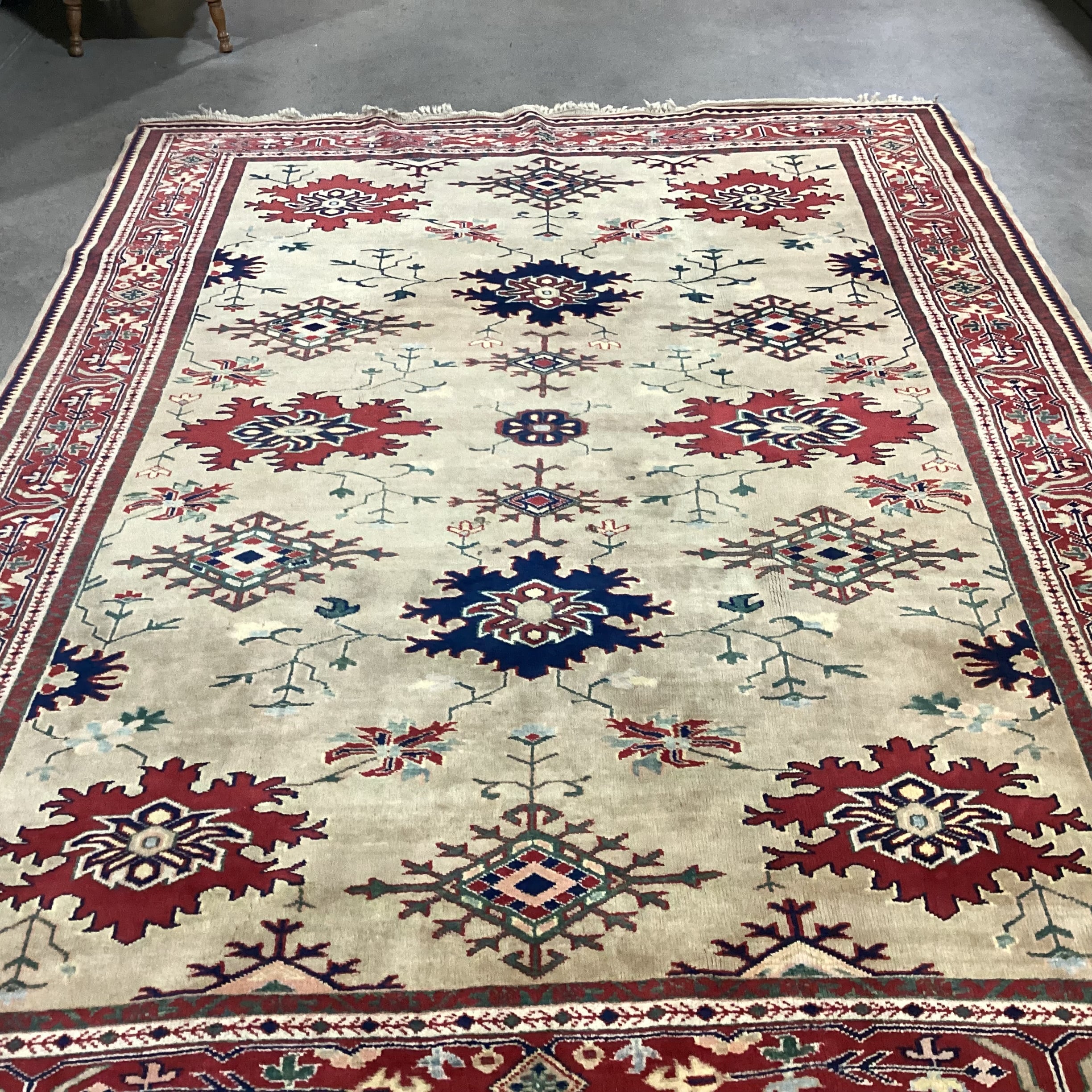 Vintage Beige Tan Red Navy Hand Woven Wool Rug 6'7" x 9'