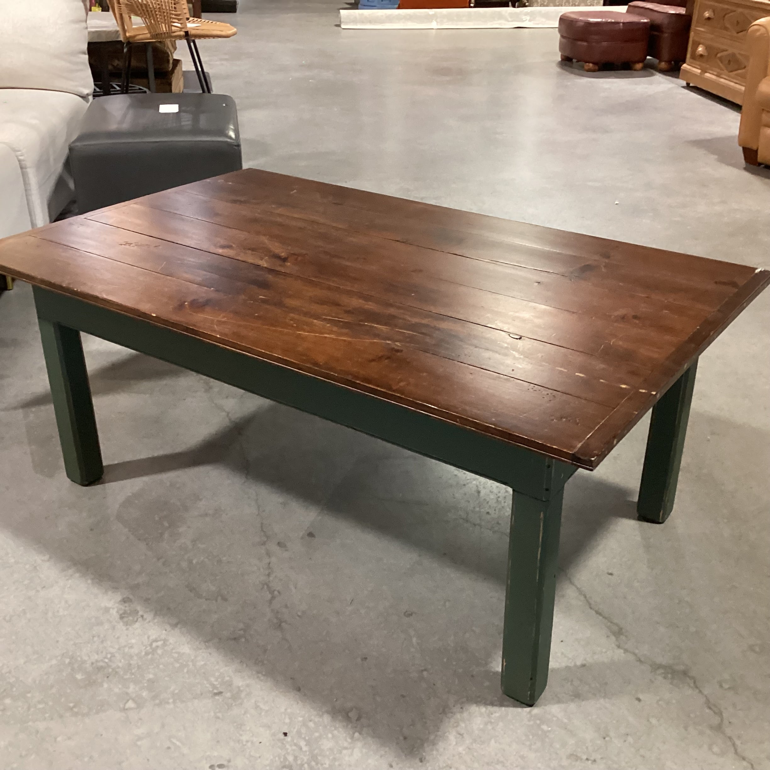 Distressed Finish Plank & Green Wood Coffee Table 48"x 30"x 20"