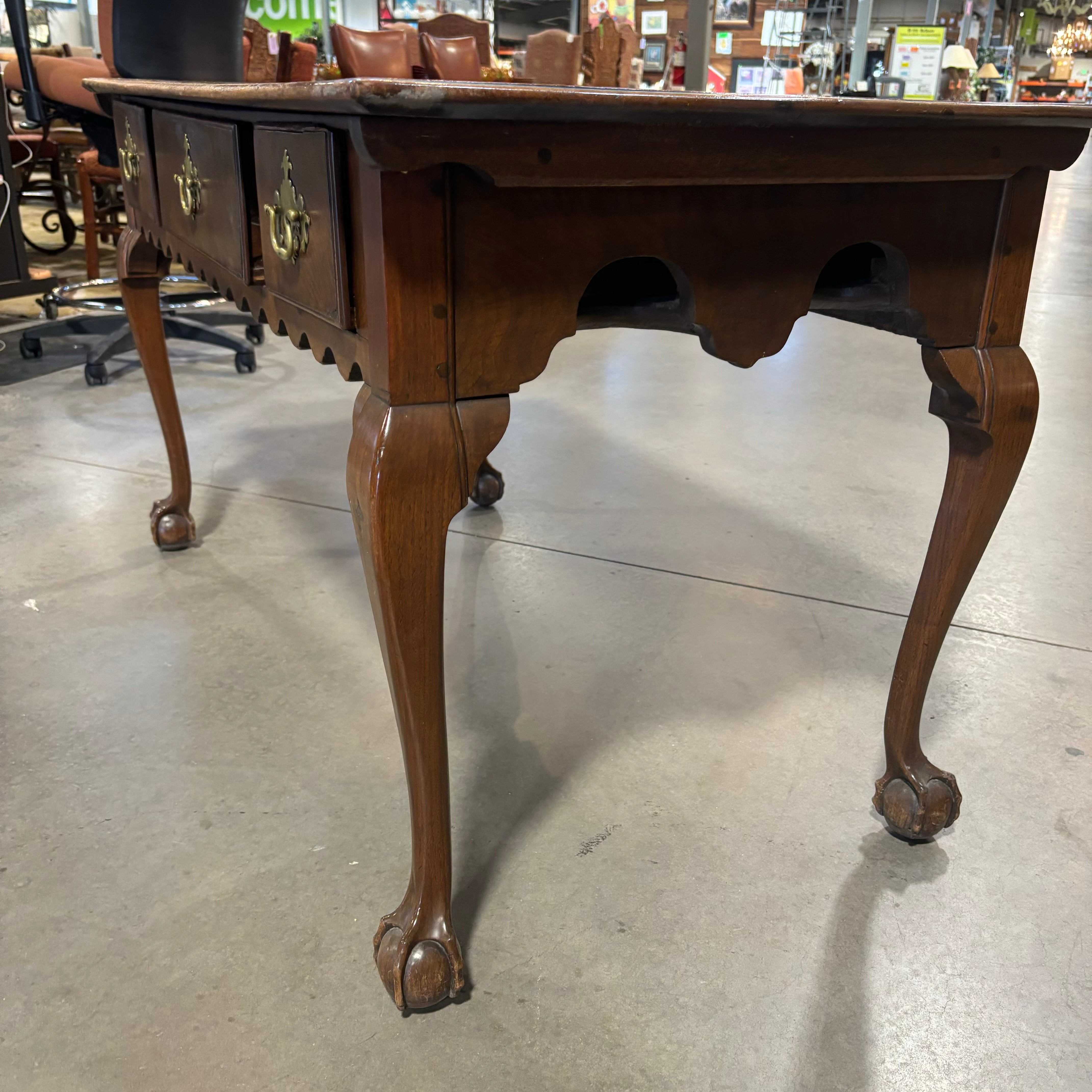 Antique Walnut with Claw and Ball Feet & Brass Accents 3 Drawer Desk 52"x 27"x 29"