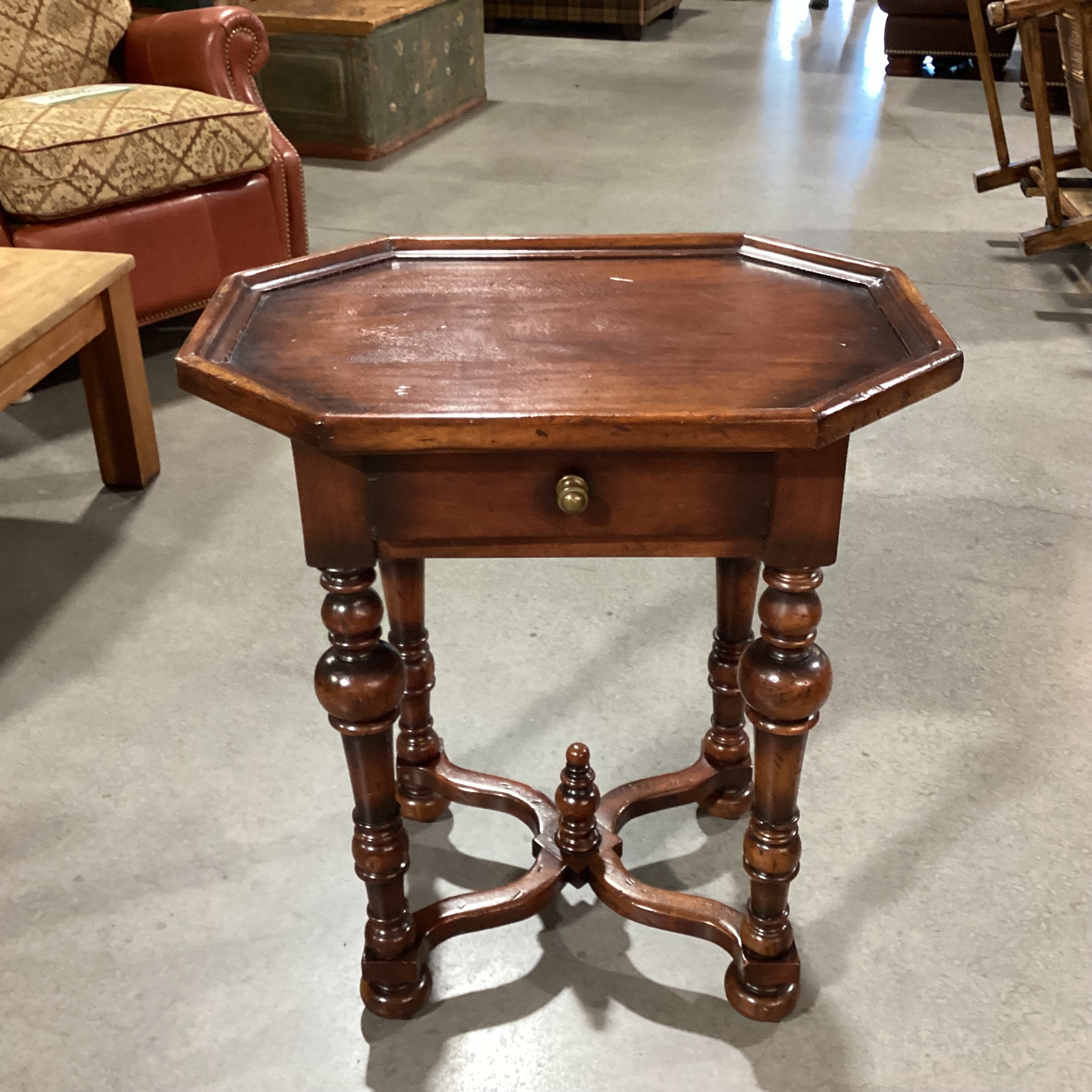 Ornate Carved Distressed Solid Wood 1 Drawer with Based Trestle Detail End Table 26"x 18"x 28.5"
