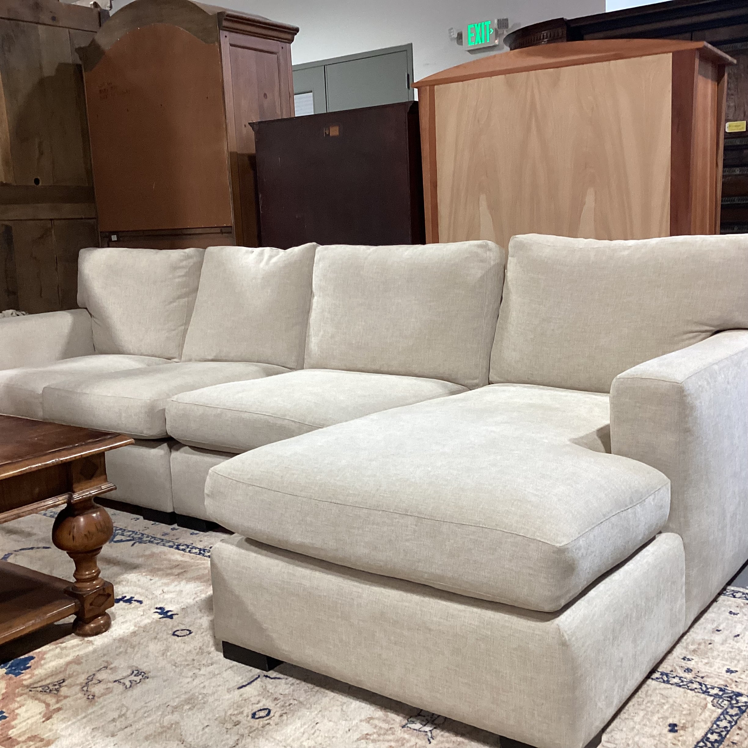 Custom Cream Heather Woven Track Arm 3 Piece with Chaise Sectional 126"x 66"x 42"x 32"