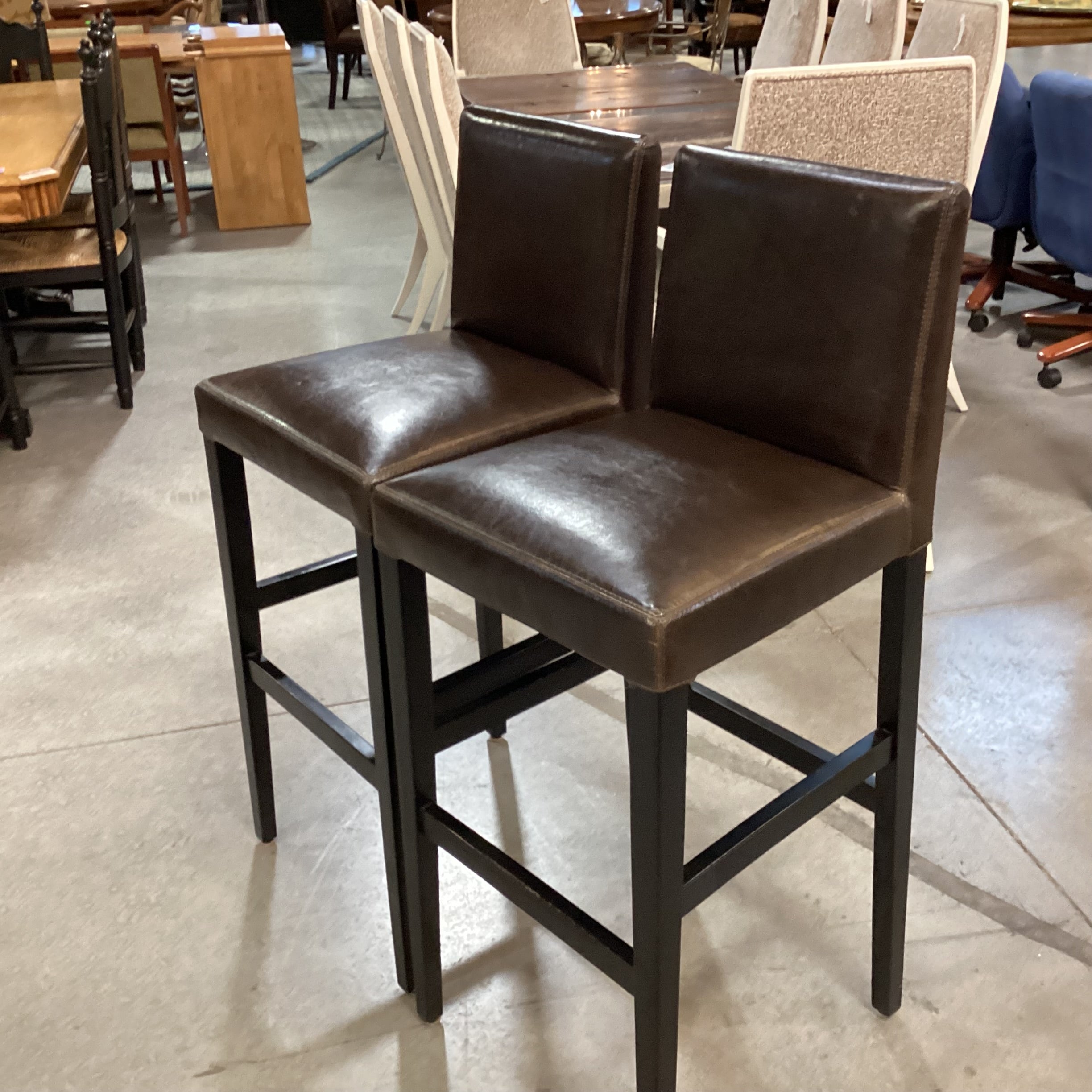 SET of 2 Crate & Barrel Leather & Black Wood Barstools 31"