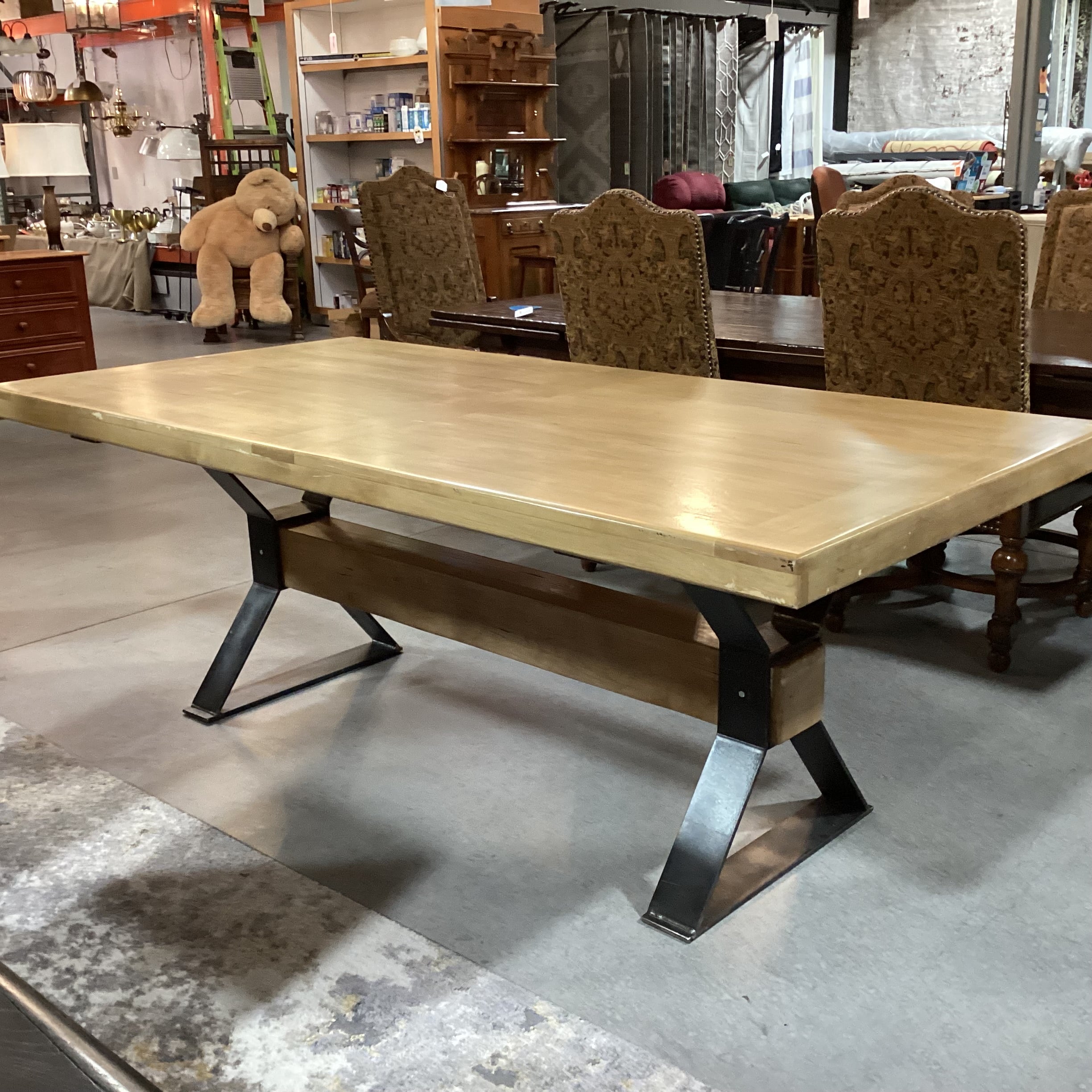 Mountain Modern Light Distressed Finish Wood & Steel with Beam Trestle Dining Table 84"x 42"x 31"