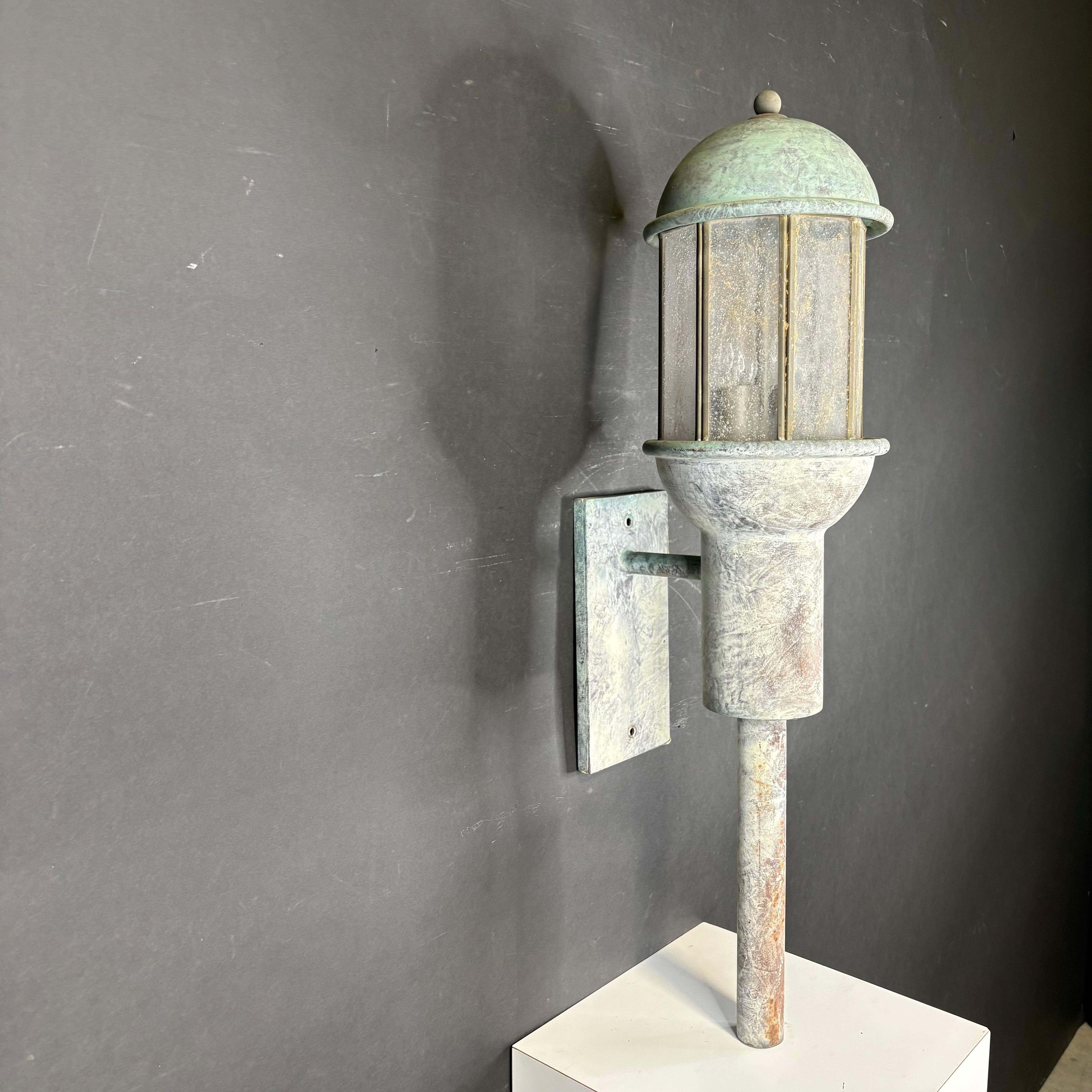 Rustic 2-Light Weathered Patina Iron and Glass Lantern Outdoor Wall Sconce 9”x 32”x 10”