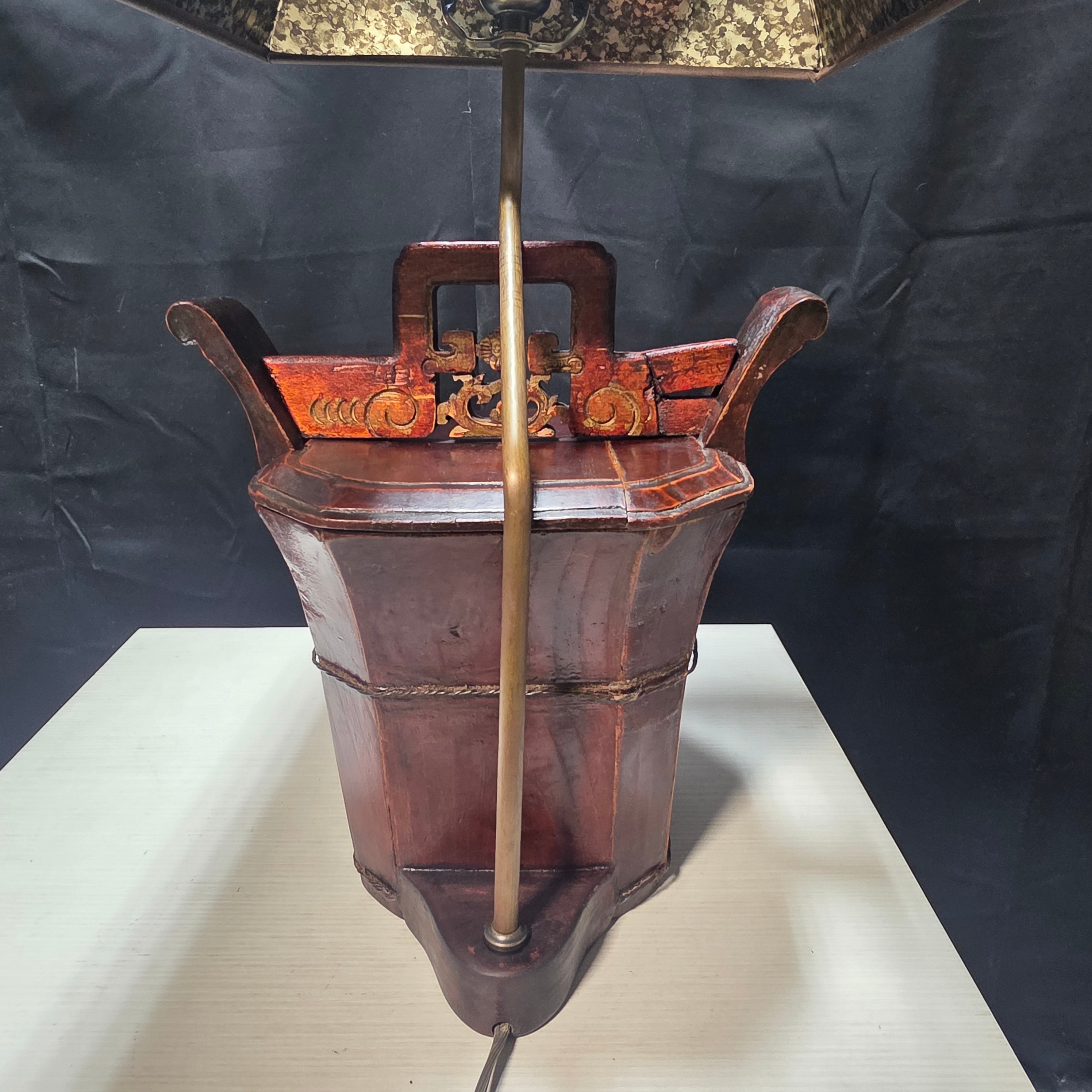Antique Chinese Rice / Water Bucket Turned Into a Lamp 11.5"x9"x23.5"