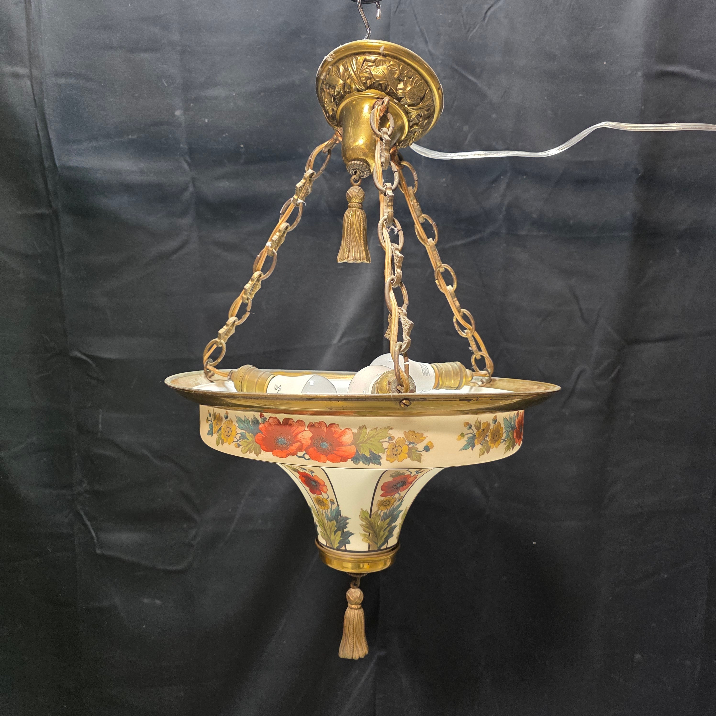 Circa 1940's Floral Chendelier with Brass TAssle Droppings from Middle and Ceiling Attachment 16"Dx26"