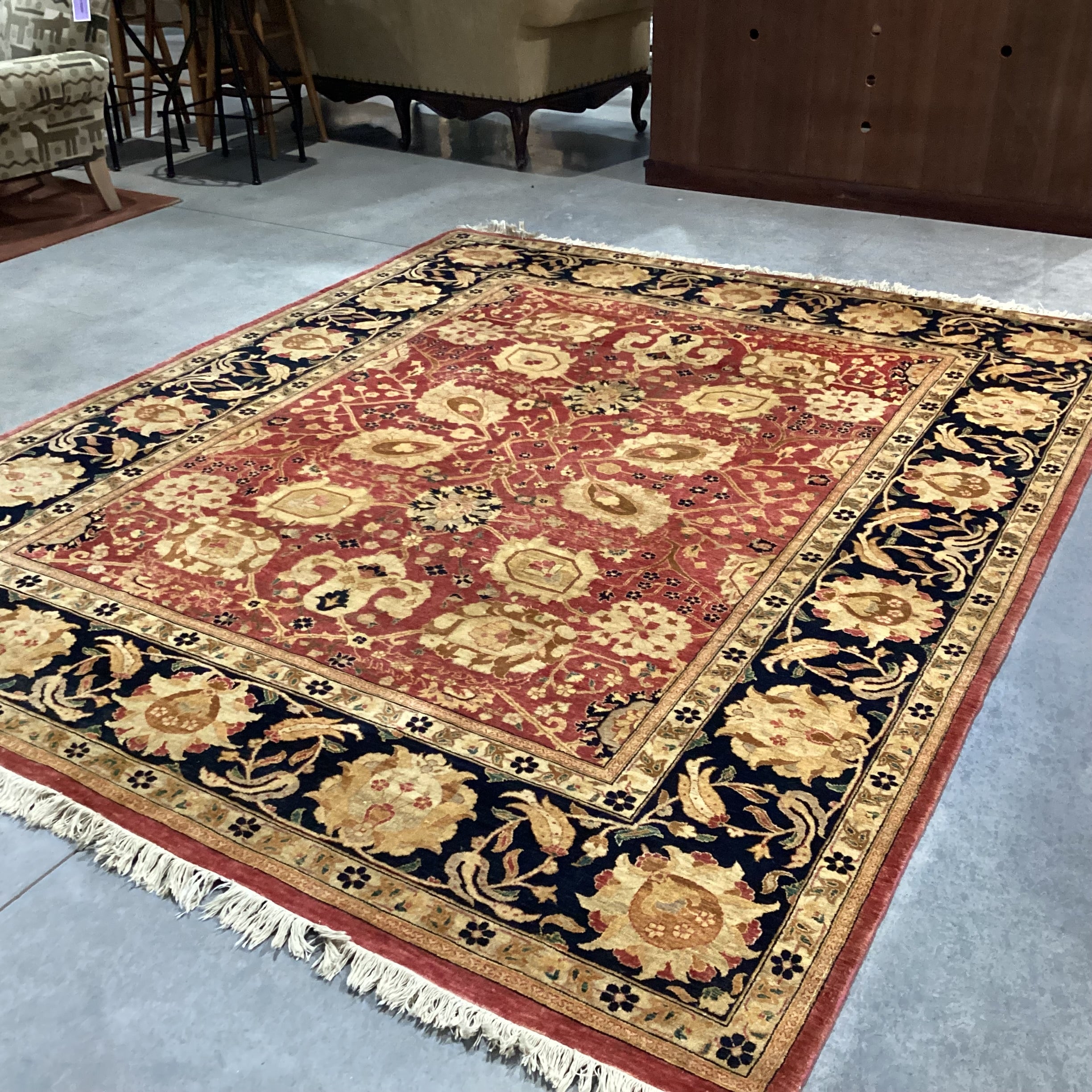 Gold Red & Black Floral Hand Woven Wool Rug 8'x 10'3"