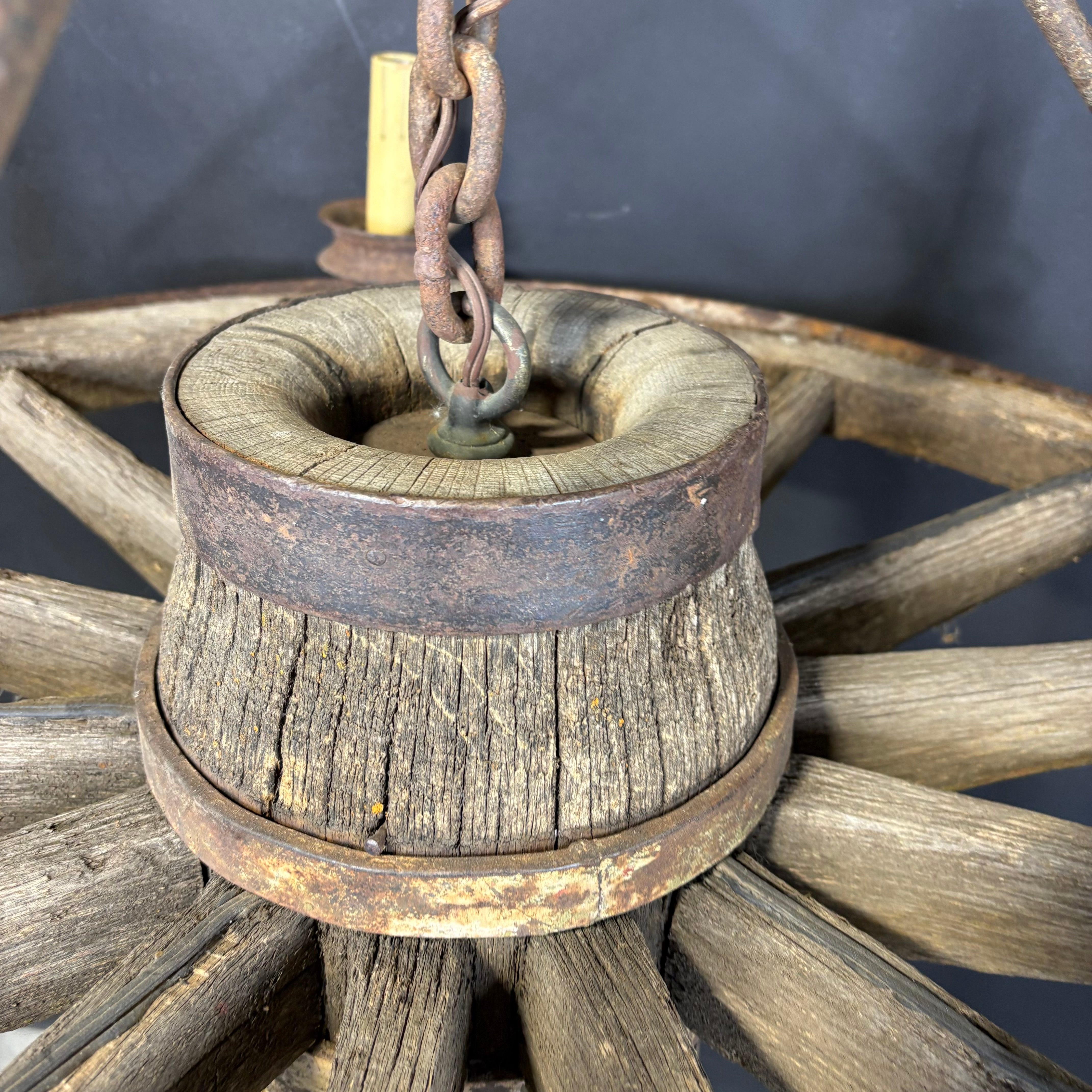 Antique 5-Light Wood and Iron Wagon Wheel Chandelier 37” Diameter x 45”