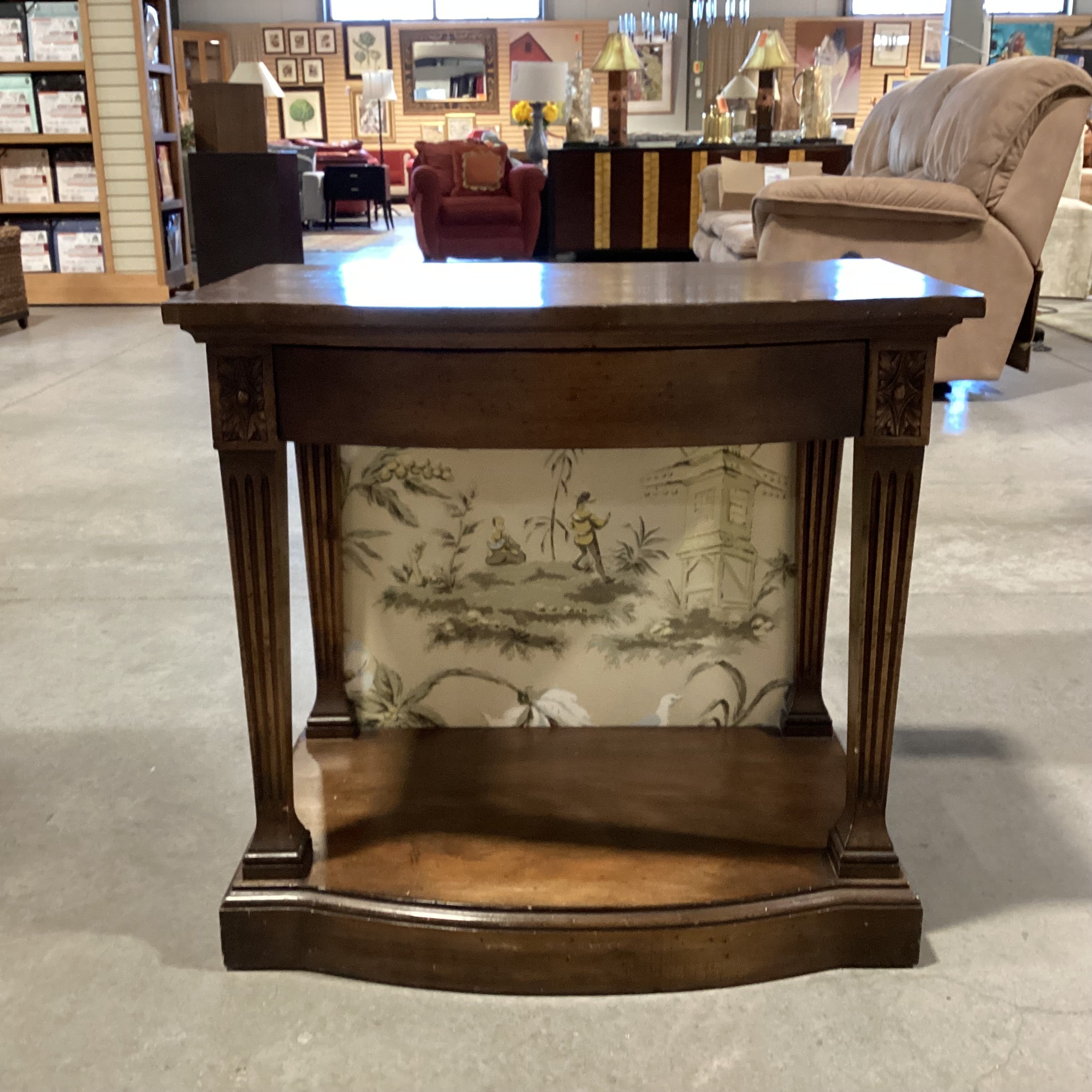 Vintage Finished Wood & Veneer with Fabric Back 1 Drawer End Table 28"x 18"x 26"