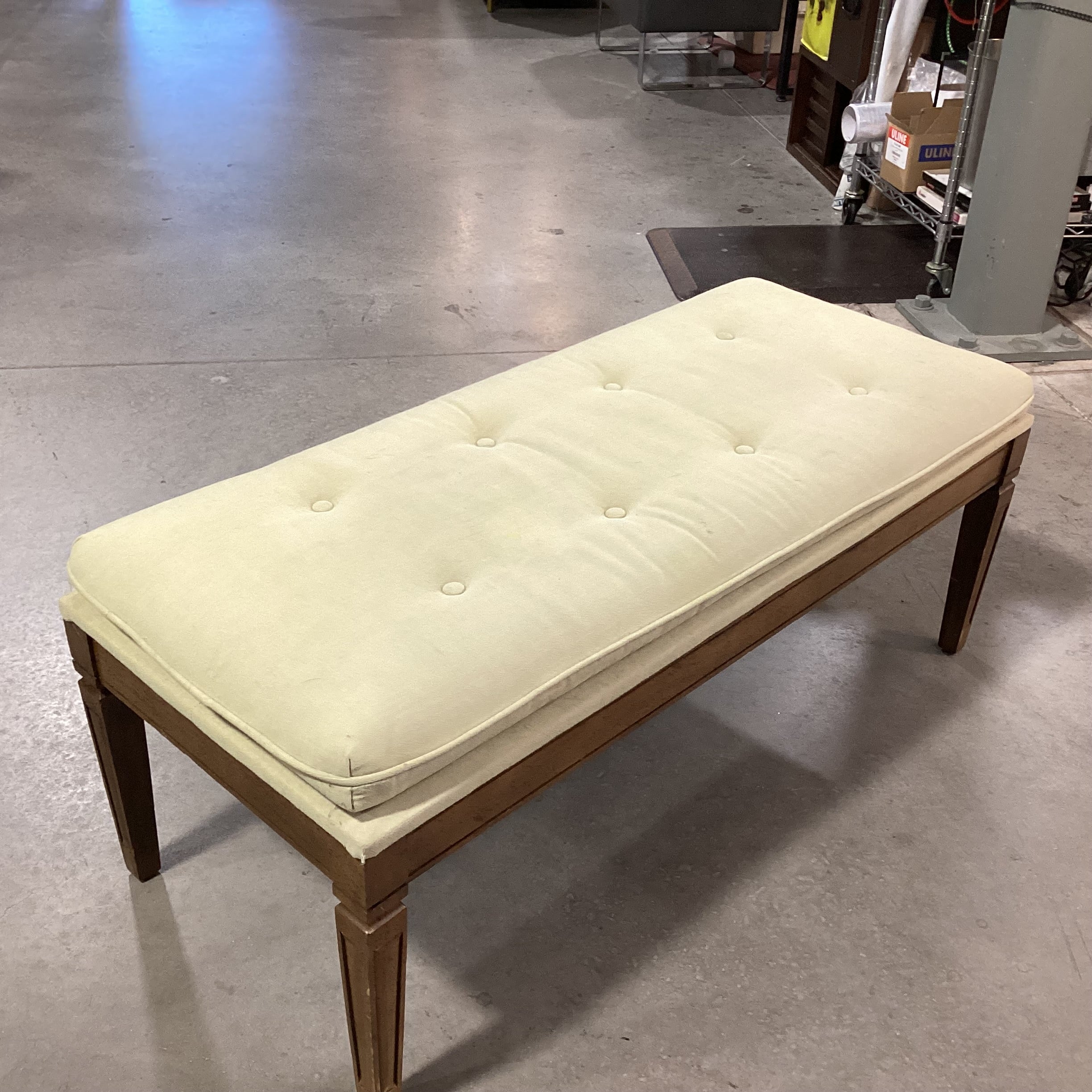 Vintage Carved Wood & Reed Green Button Tufted Bench 44"x 19"x 17"