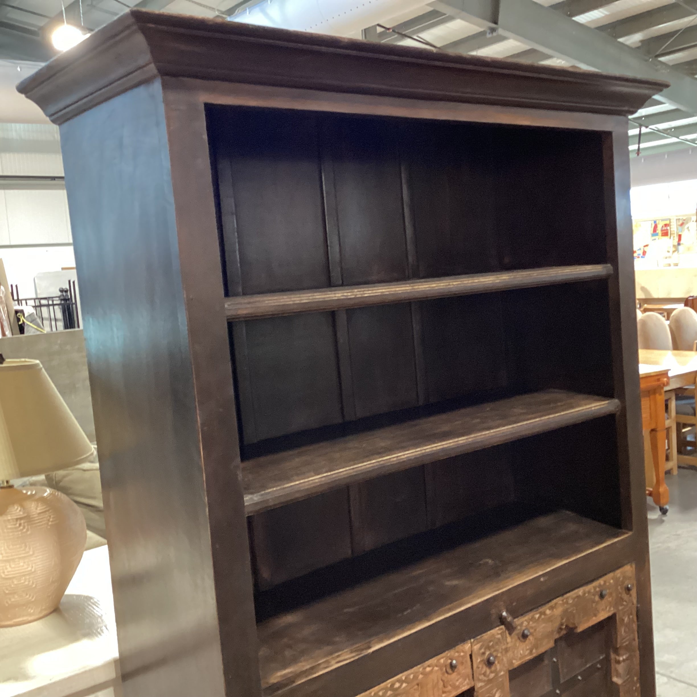 Solid Rustic 2 Tone Carved Wood with Iron Accent & Shelves Hutch 49"x 18"x 78.5"