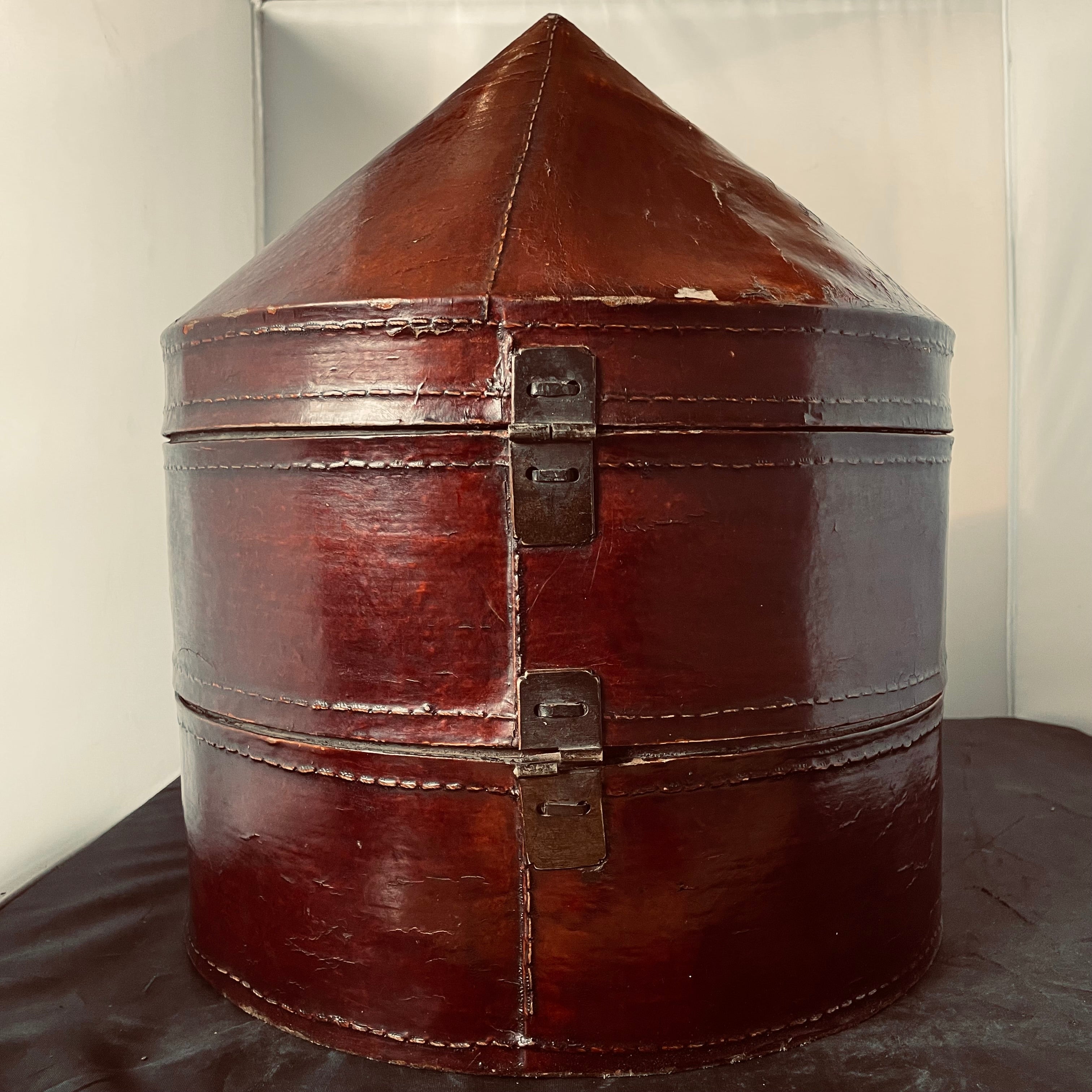 Antique Chinese Dark Red Lacque Leather/iron Hat Box, 13"x 16"