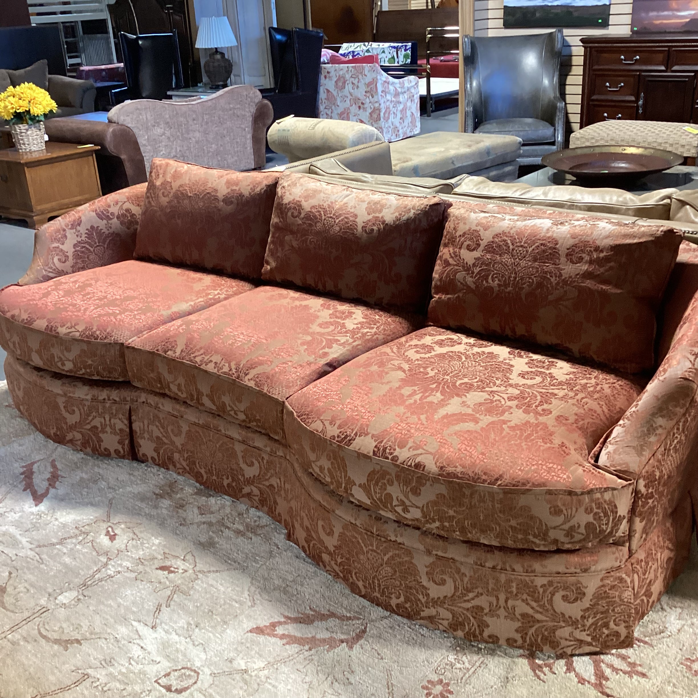 Custom Golden Burnt Orange Ornate Silky Metallic Floral Down Mix Curved Sofa 107"x 44"x 32"