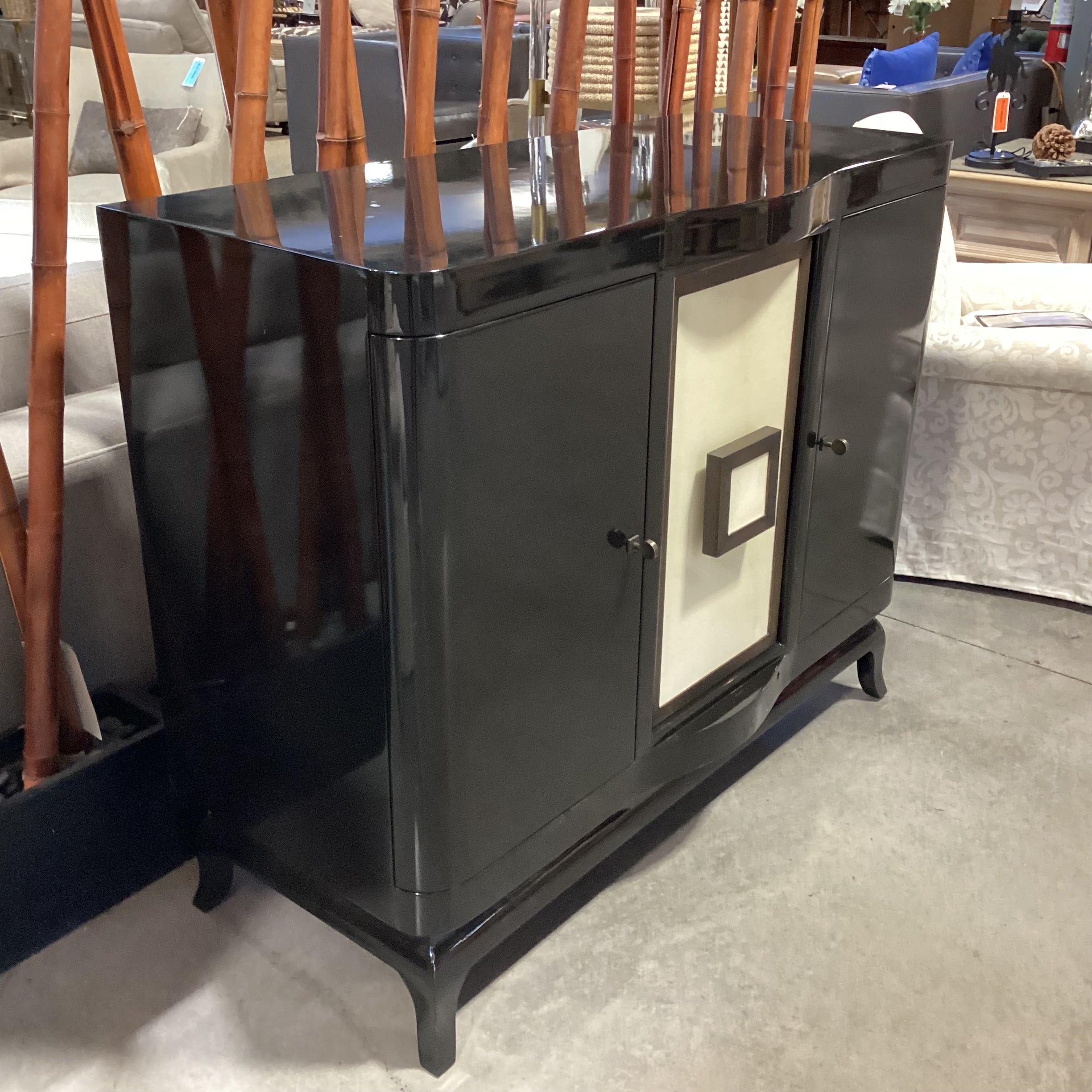 French Art Deco Style Black Lacquer 3 Door Buffet 48"x 22"x 40"