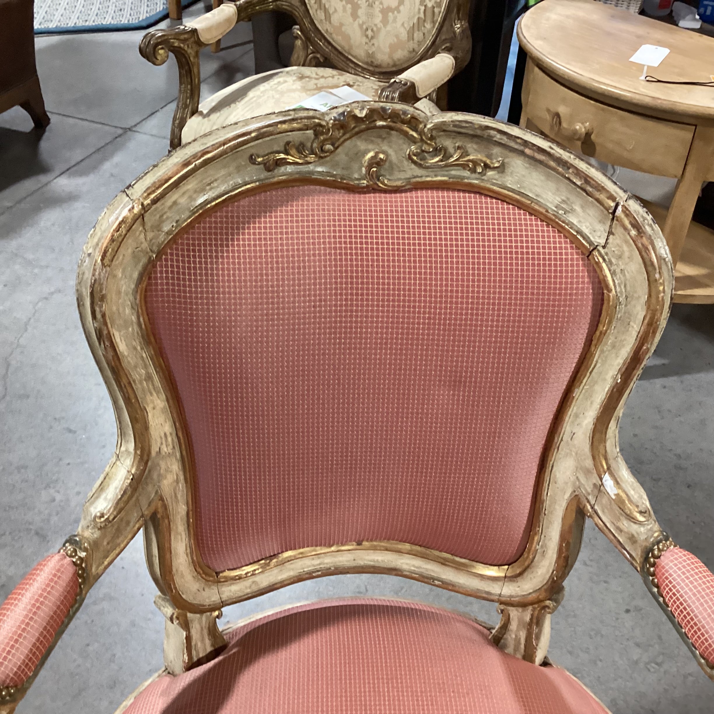Antique French Provincial Ornate Carved Cream Gold Wood Orange Gold Upholstered Chair 31"x 26"x 41"