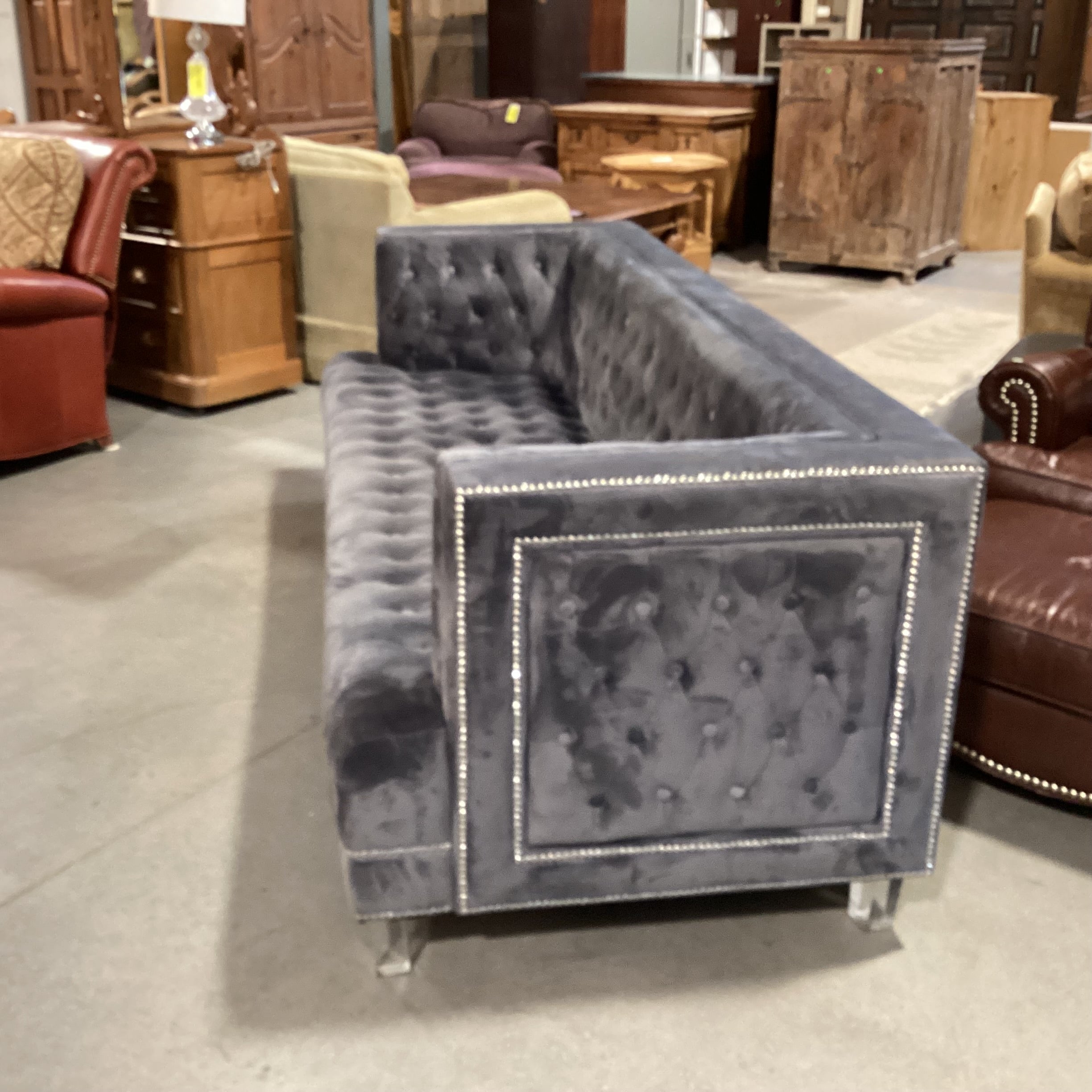 Grey Button Tufted Velvet with Nailhead & Acrylic Feet Sofa 88"x 36"x 31"