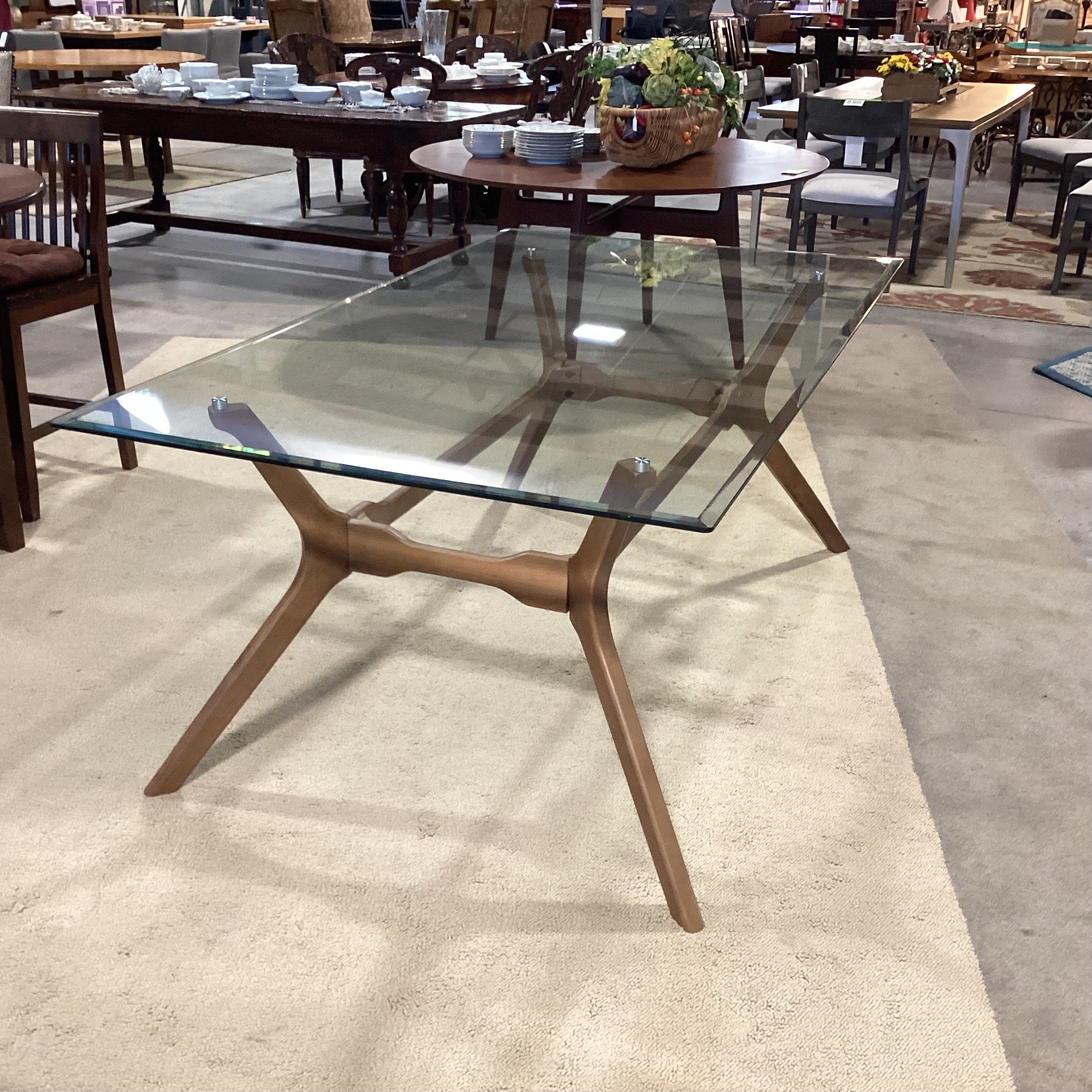 Mid Century Style Wood Base & Glass Dining Table 72"x 42"x 29.5"