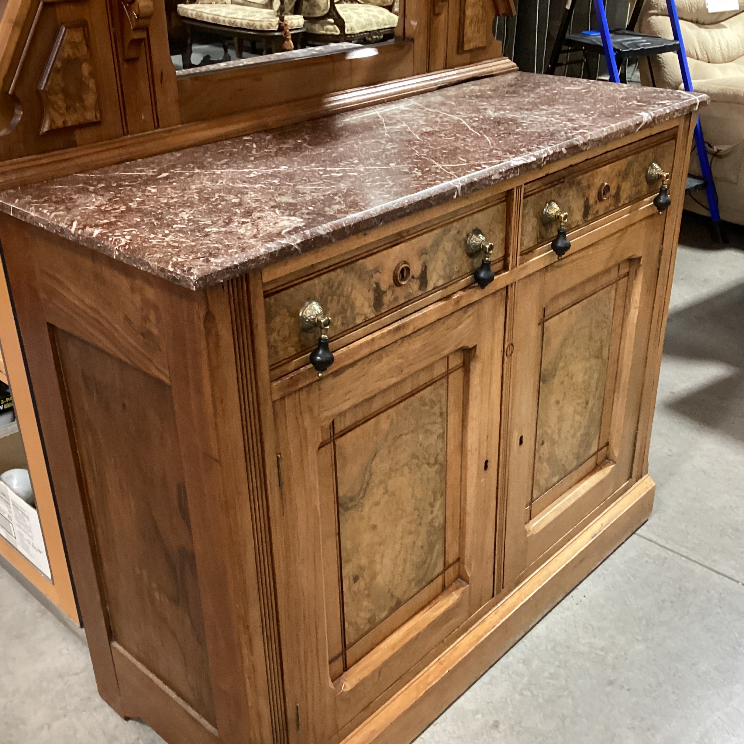 Antique Eastlake Style Carved Wood & Burl Veneer Marble Top with Mirror & Shelves 2 Piece Sideboard 46"x 19"x 85"