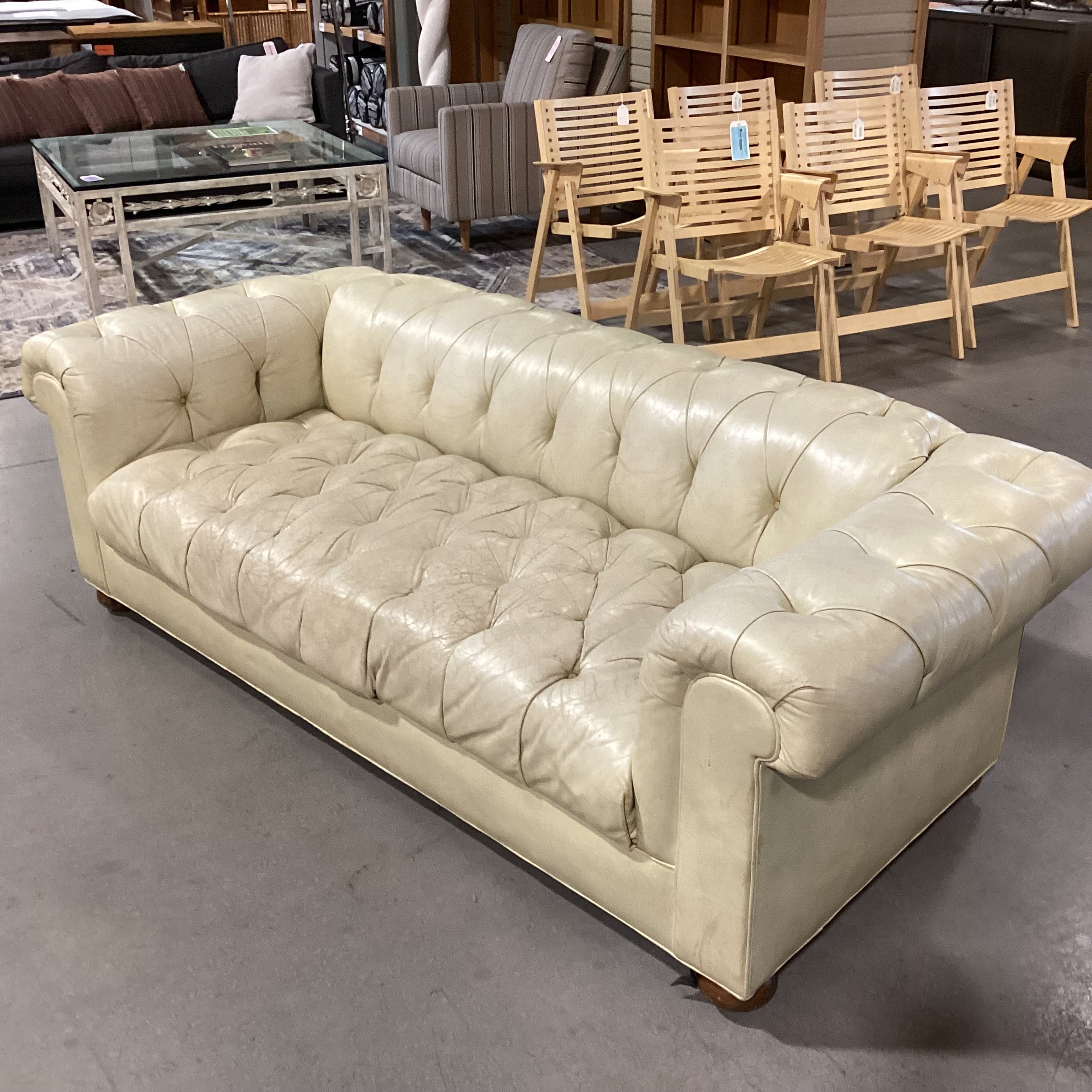 Cream Leather Tufted Chesterfield Sofa 80"x 36"x 25"