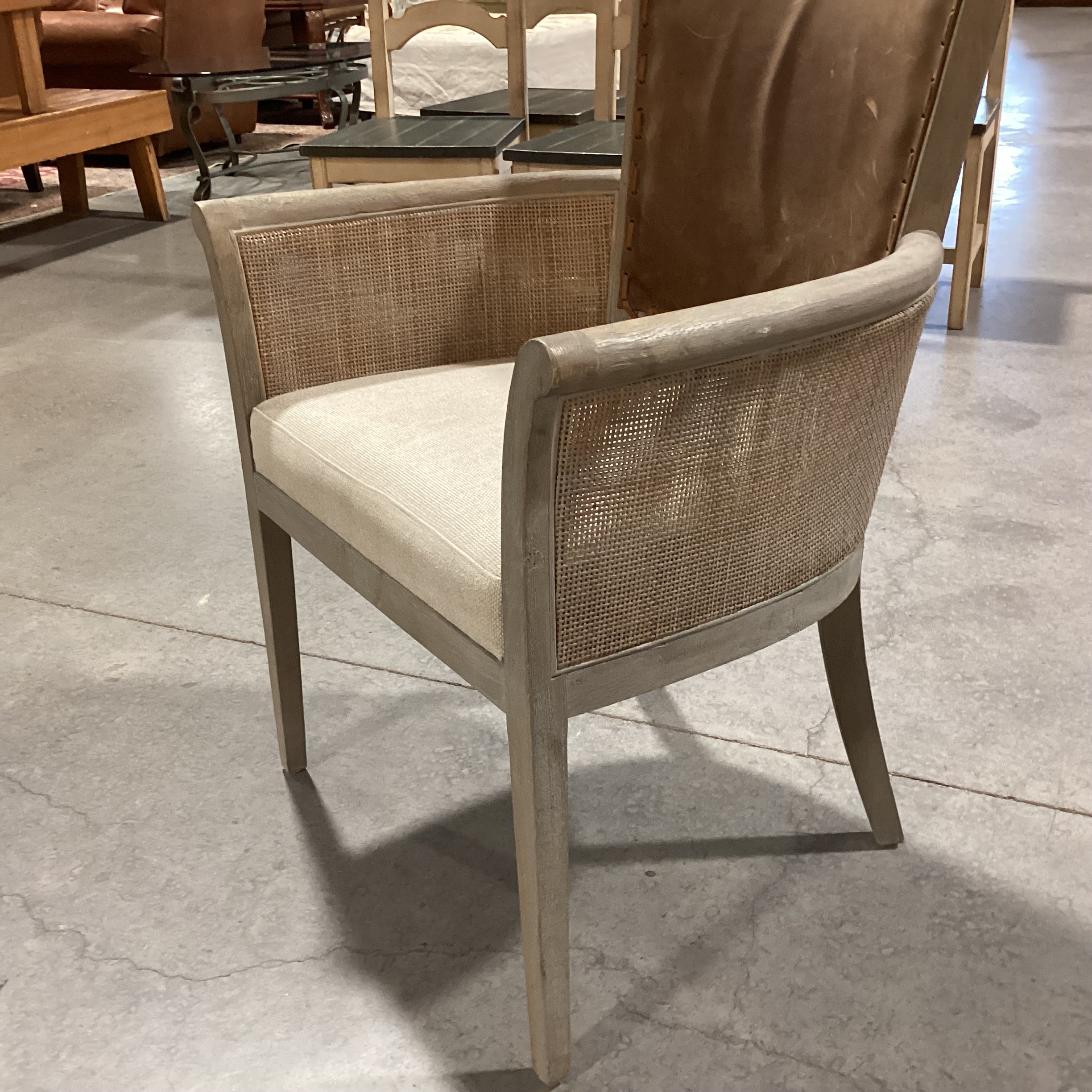 Washed Grey Wood Woven Sides Leather Back Linen Seat Chair 26"x 23"x 35"