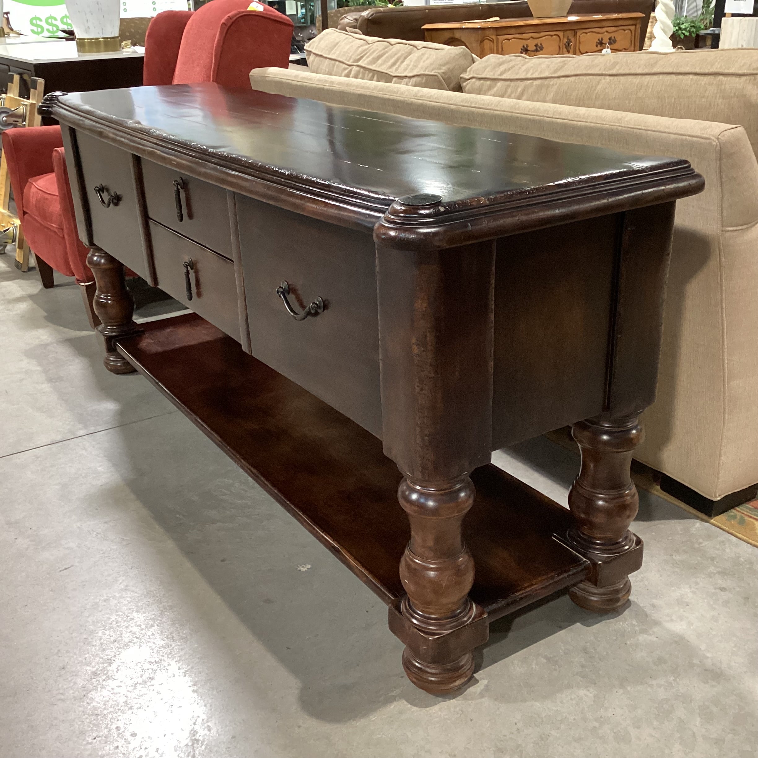 South Cone Distressed Finished Carved Wood 2 Drawer 2 Door Credenza 72"x 21"x 31.5"