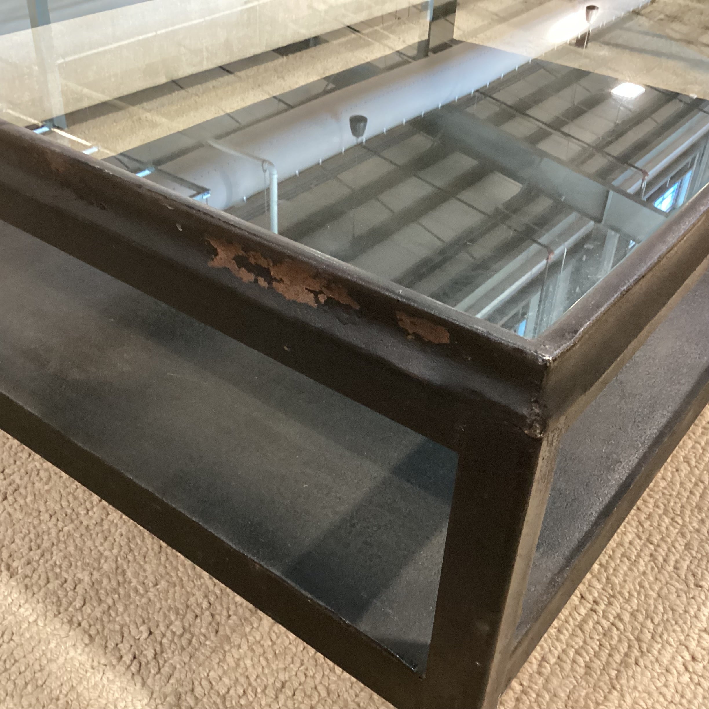 Industrial Modern Black Textured Iron & Glass 2 Tiered Coffee Table 48"x 32"x 18.5"