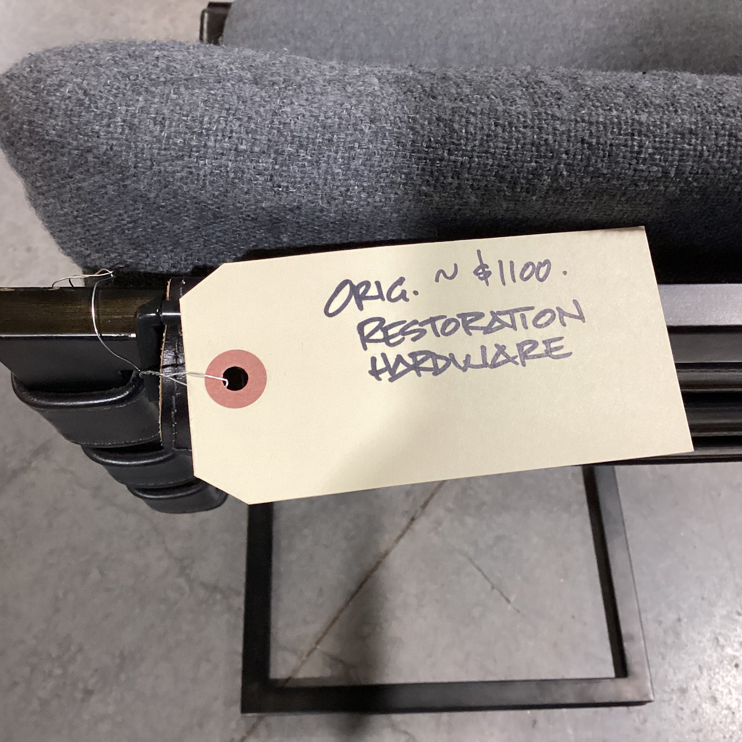 Restoration Hardware Black Metal & Leather Strapped with Grey Cushion Barstool 25"