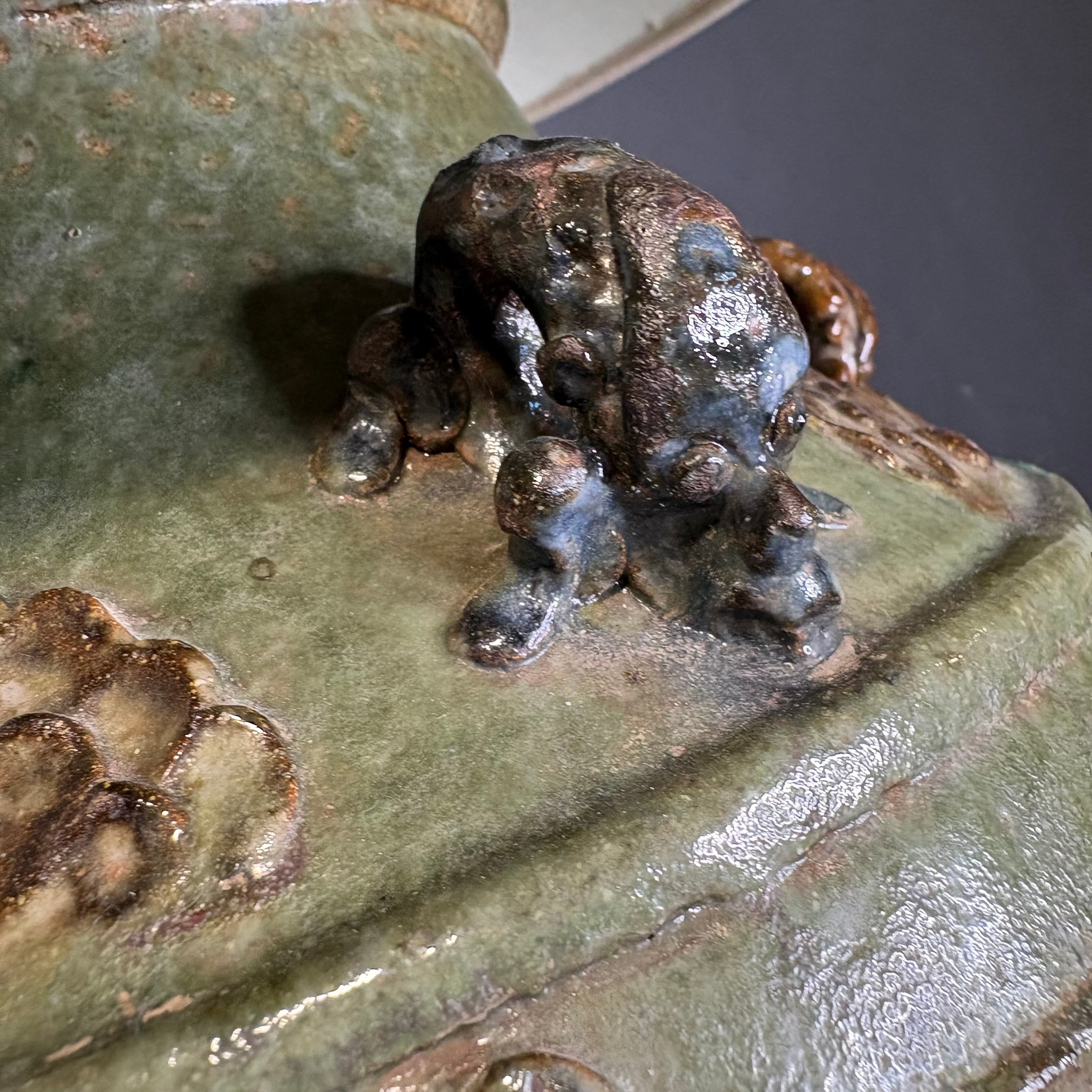 Oriental Ornate Green and Brown Glazed Ceramic Jug with Shade Table Lamp 18” Diameter @ Shade x 29”