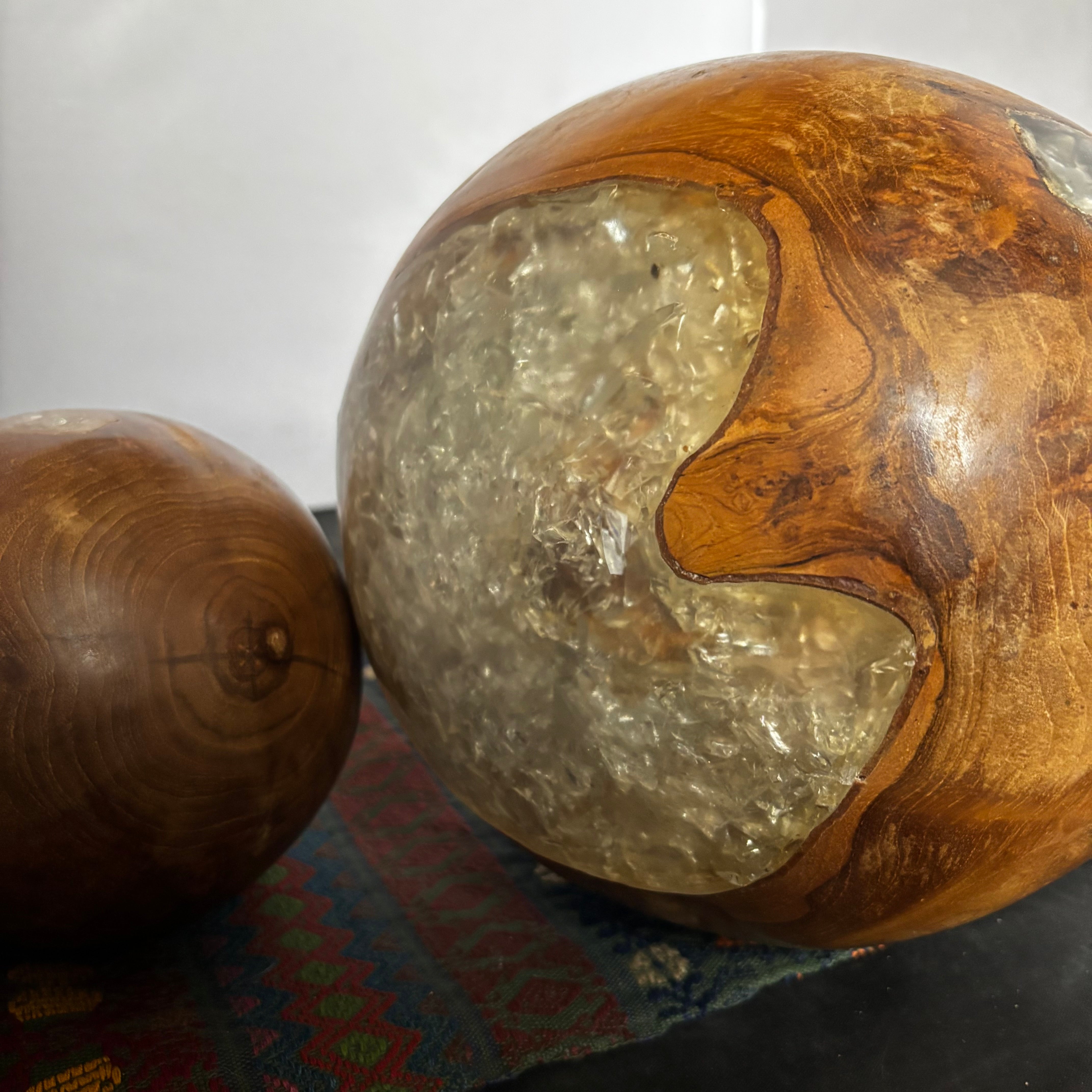 Set of 2 Decorative Teak Root Ball  with  Pearlescent Resin Sculptures, 6" and 9"