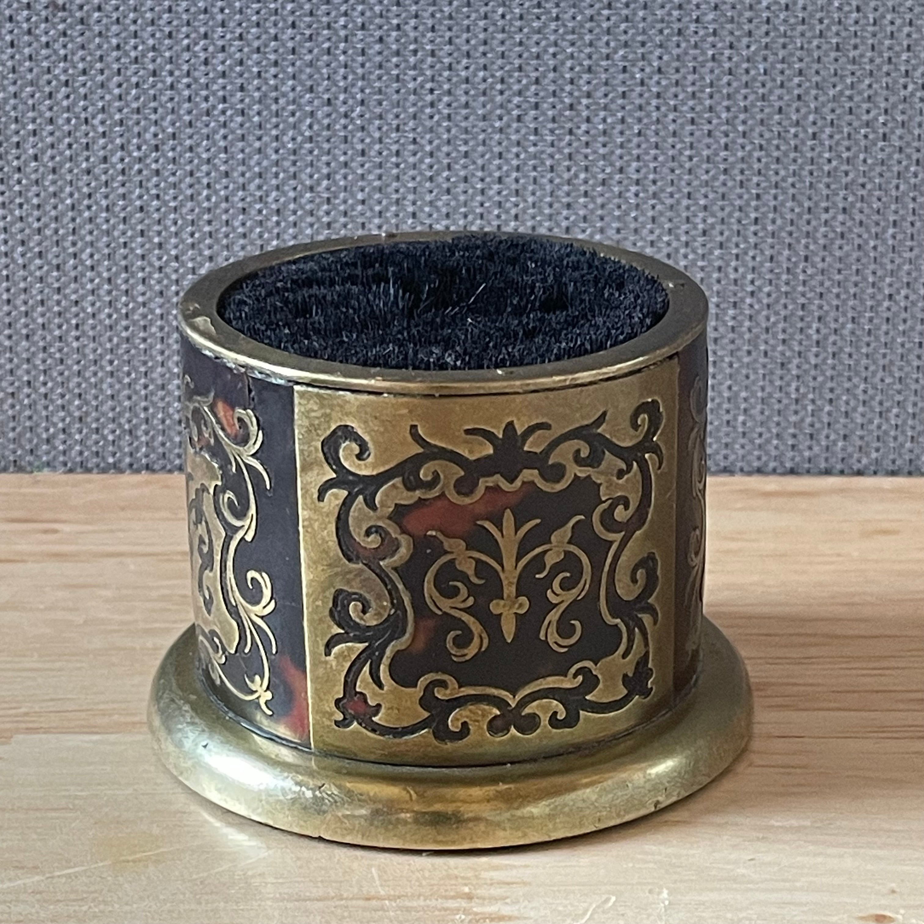 Antique Victorian Boulle Style Intricate Brass & Red Tortoise Shell Pen Pot/Wiper, 2.5"x 2"