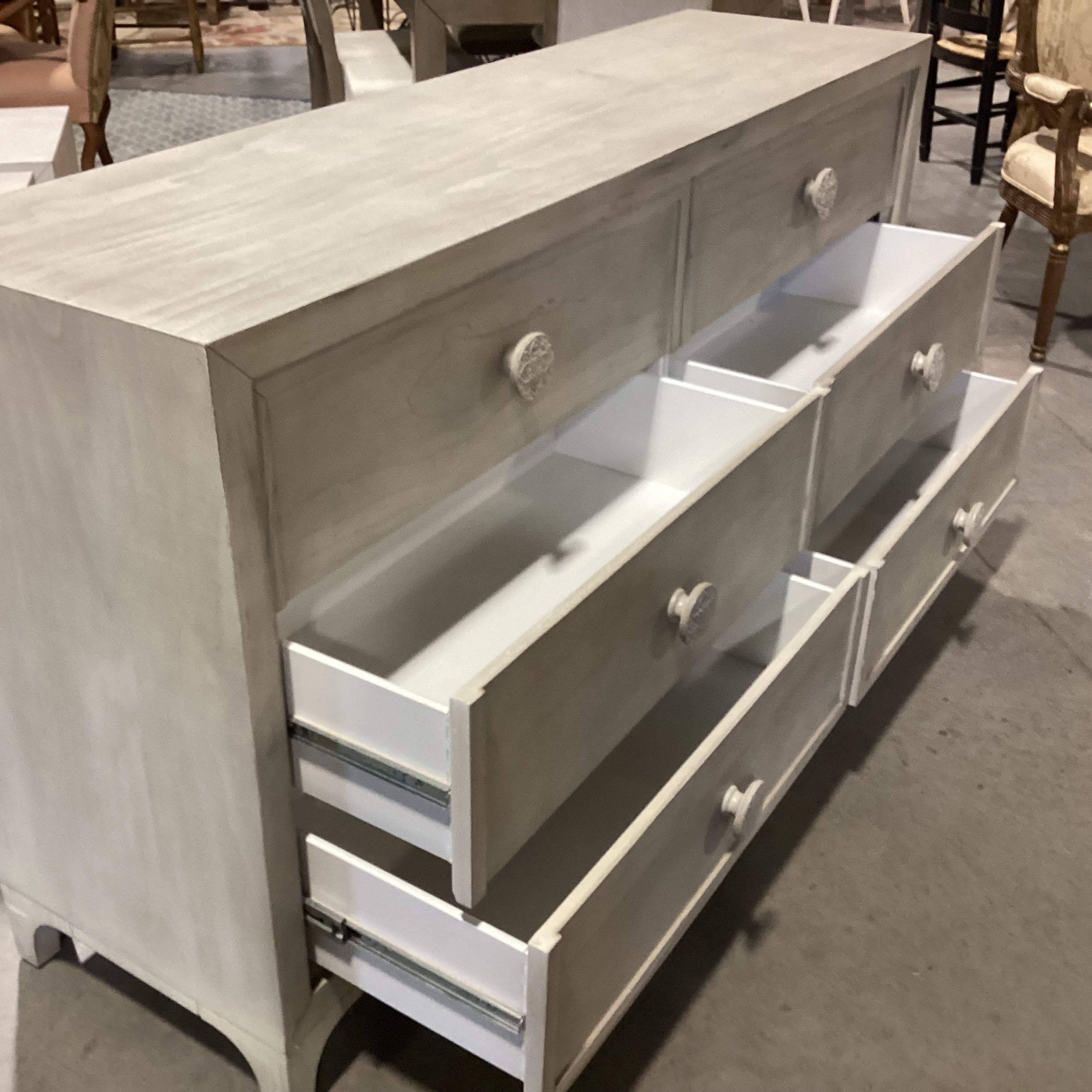 Bohemia White Washed Wood with Carved Mandala Pulls 6 Drawer Dresser 66"x 18"x 36"