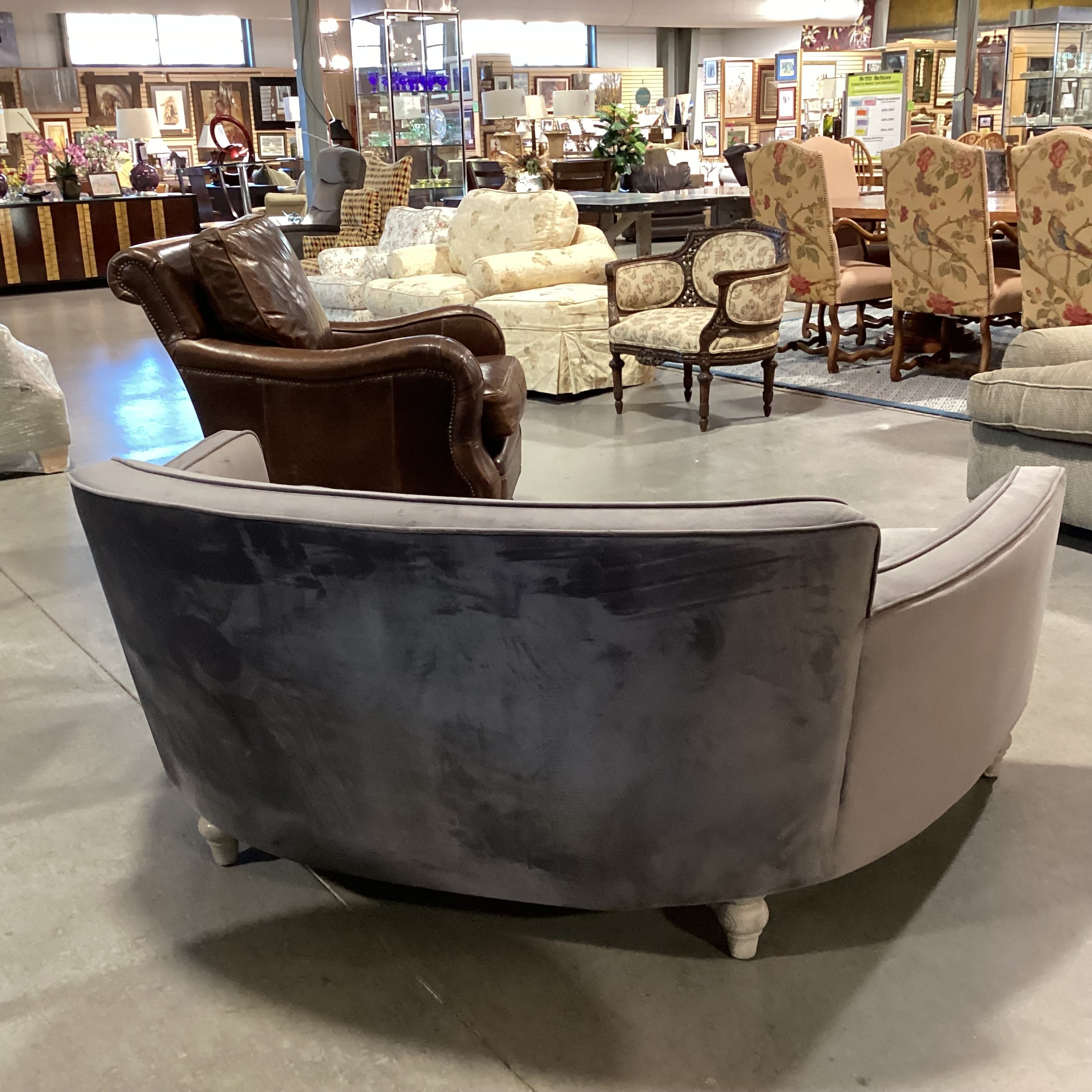 Grey Plush Velvet with French Washed Oak Feet Curved Sofa 70"x 41"x 29"