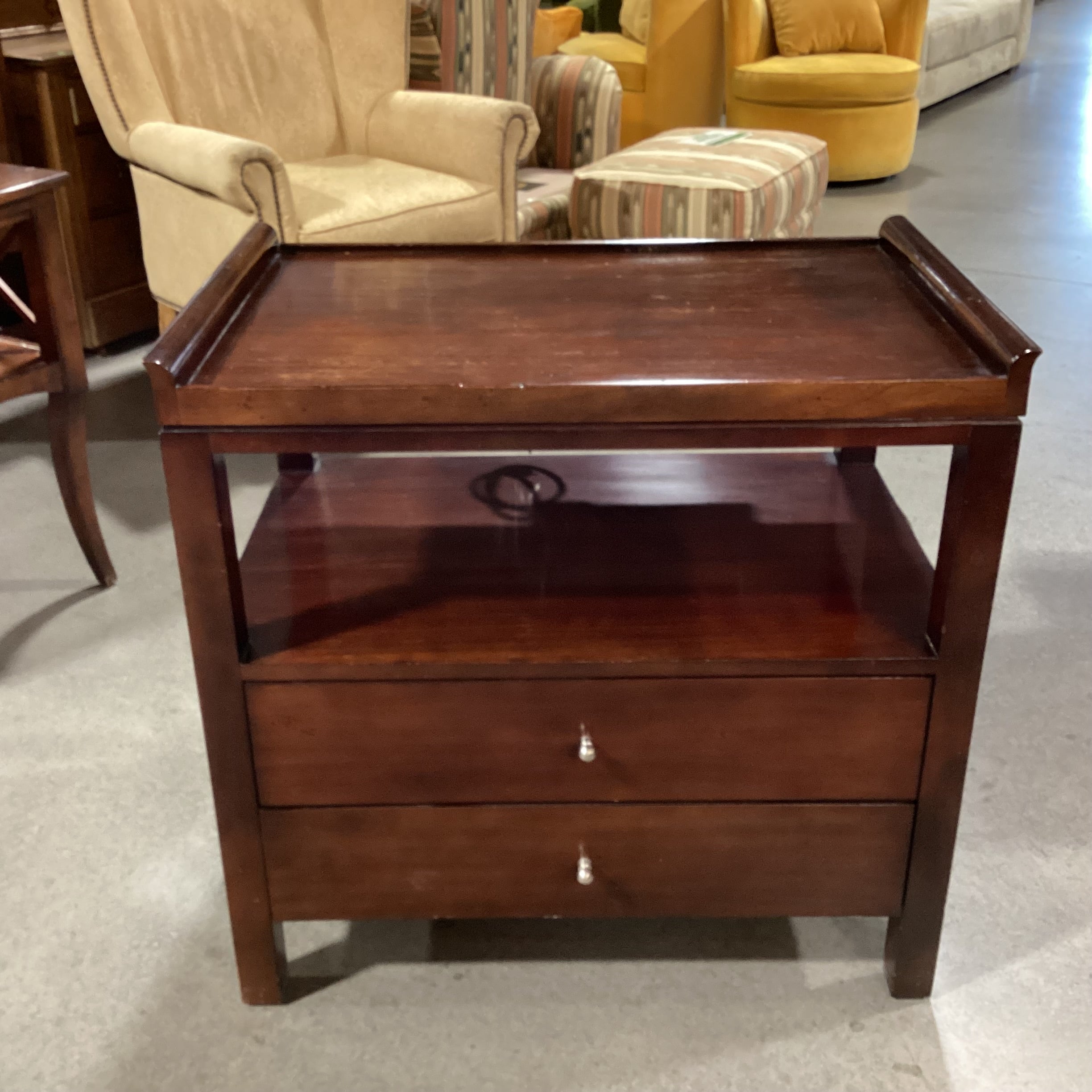 Milling Road a Division of Baker Furniture Dark Finish Wood Tray Top 2 Drawer with Power Strip Nightstand 31"x 20"x 30"
