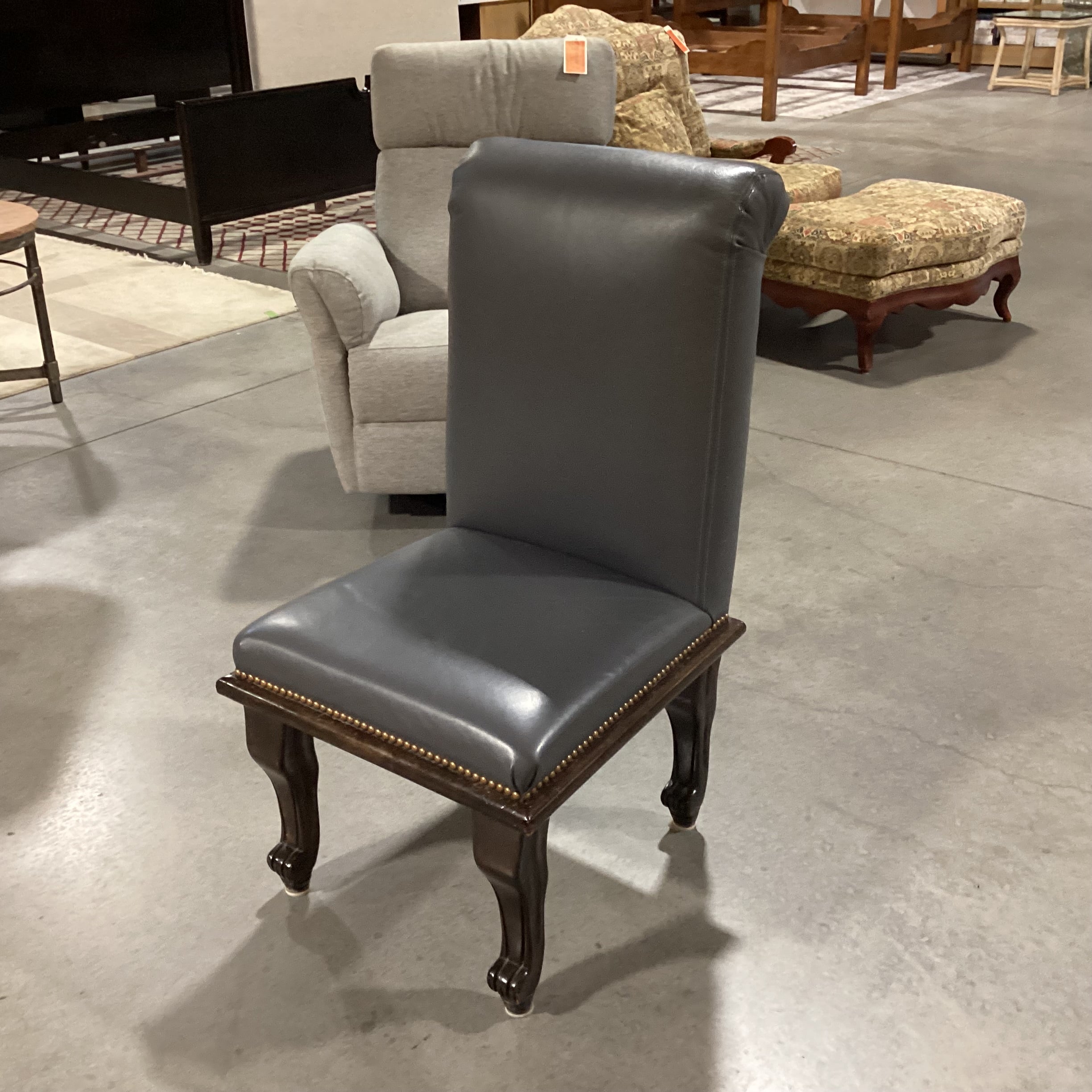 Grey Leather Nailhead & Dark Finished Wood Chair 22"x 26"x 41"