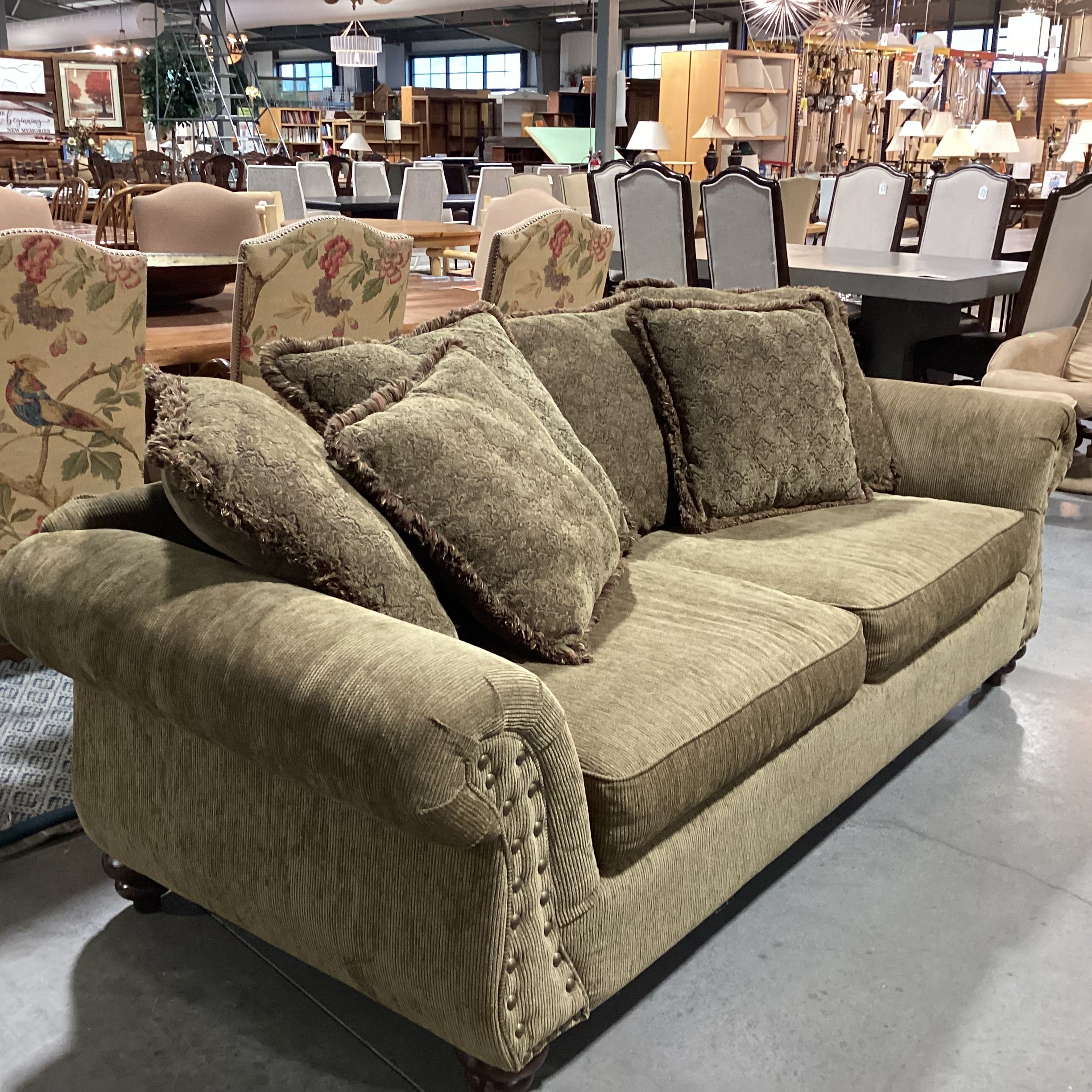 Olive Texture Ribbed & Nailhead with Reverse Multi Back Pillows Sofa 98"x 40"x 30"