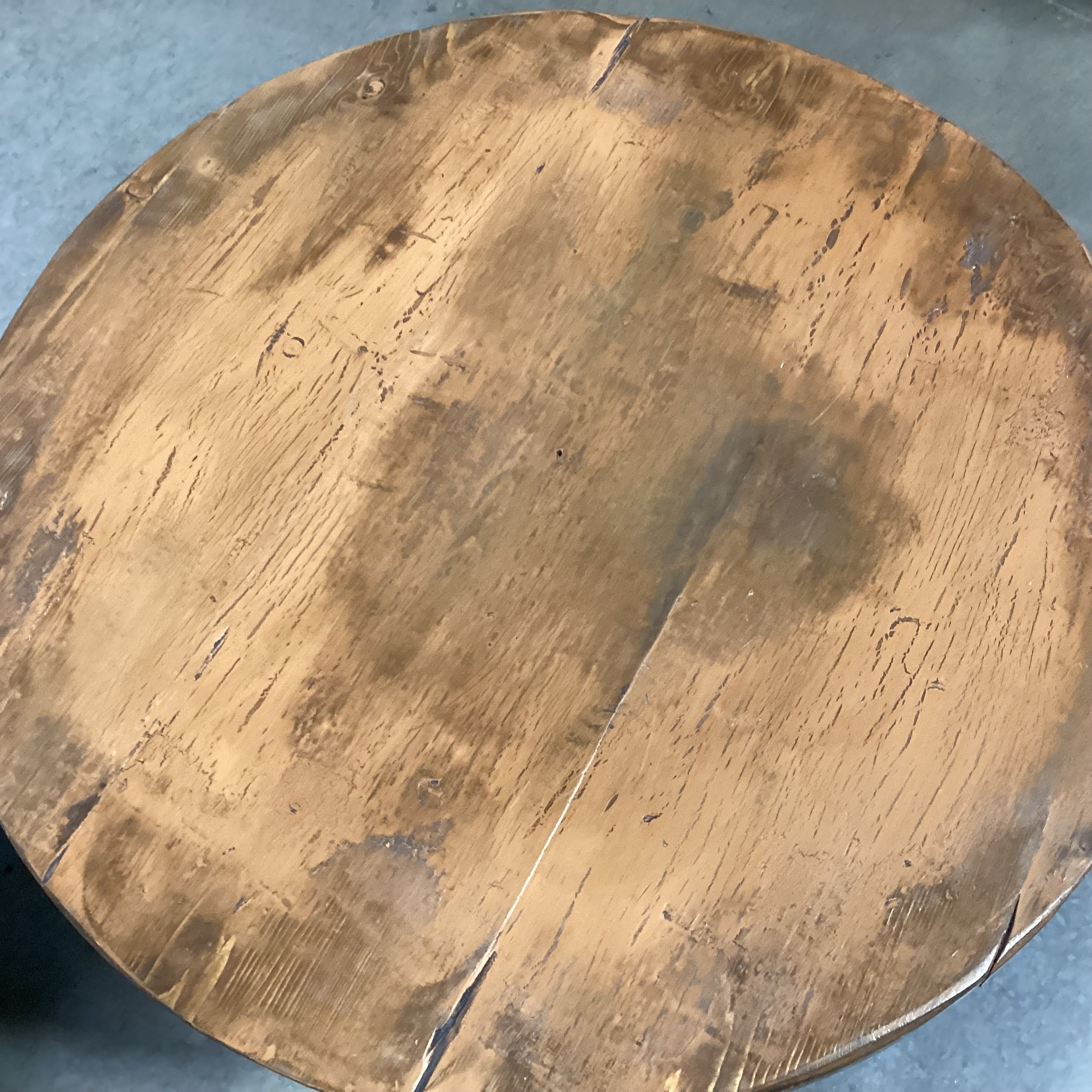 Distressed Antiqued Finish Round Tri-Leg with Shelf End Table 29.5" Diameter x 22.5"