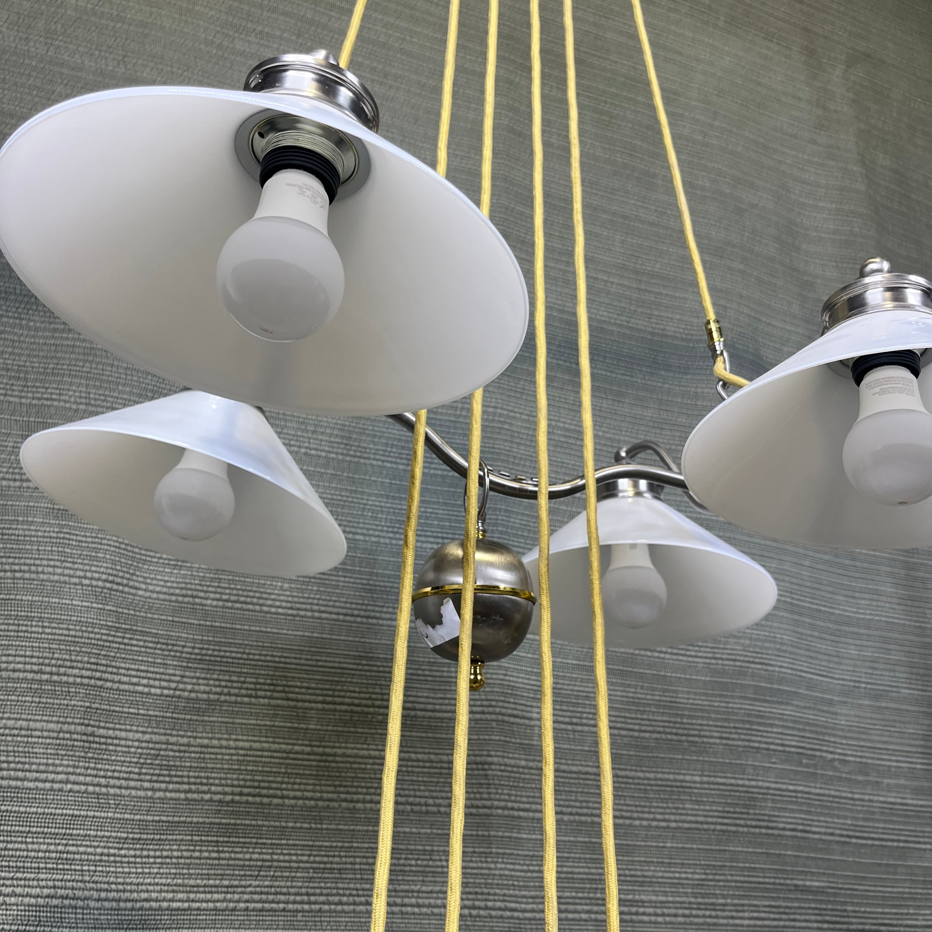 Industrial Style 4-Light Silver and Gold with Milk Glass Shades Counterweight Ceiling Pendant 24"x 22"x 54"