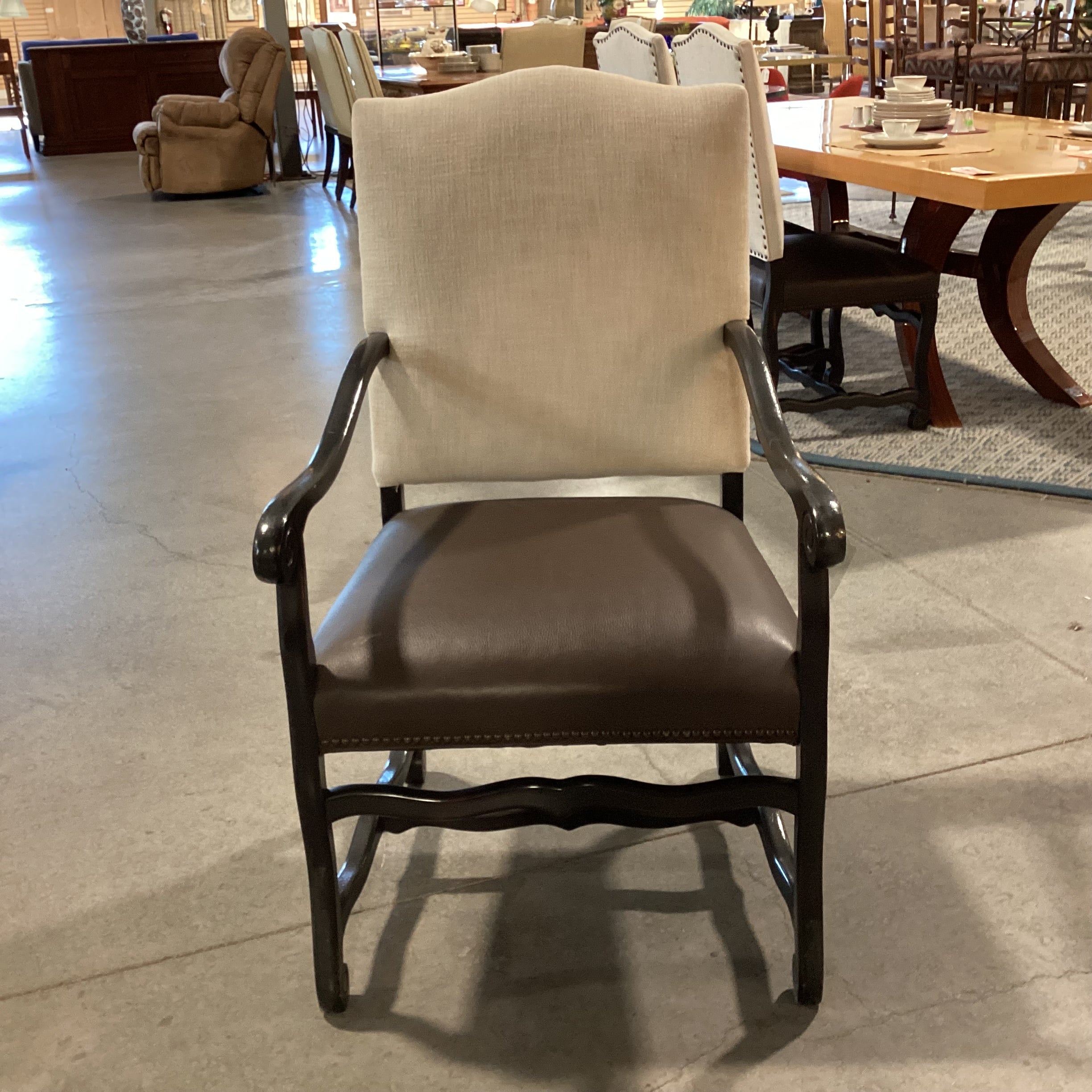 Black Carved Wood Leather Seat & Linen Nailhead Armed Dining Chair 25"x 26"x 42"