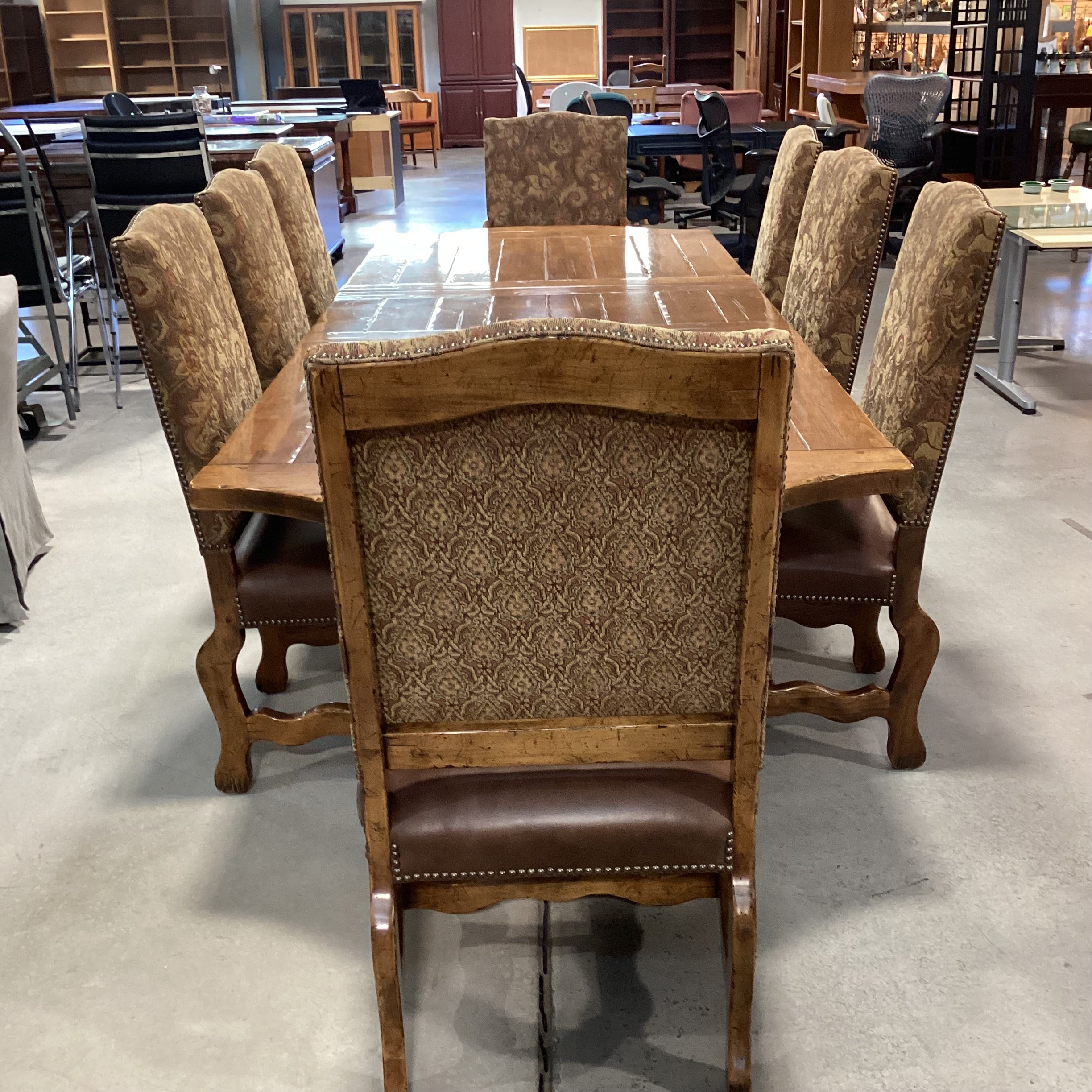 Distressed Finished Wood with Leaf & 8 Carved Wood Leather & Upholstery Chairs Dining Set 120"x 44"x 30"