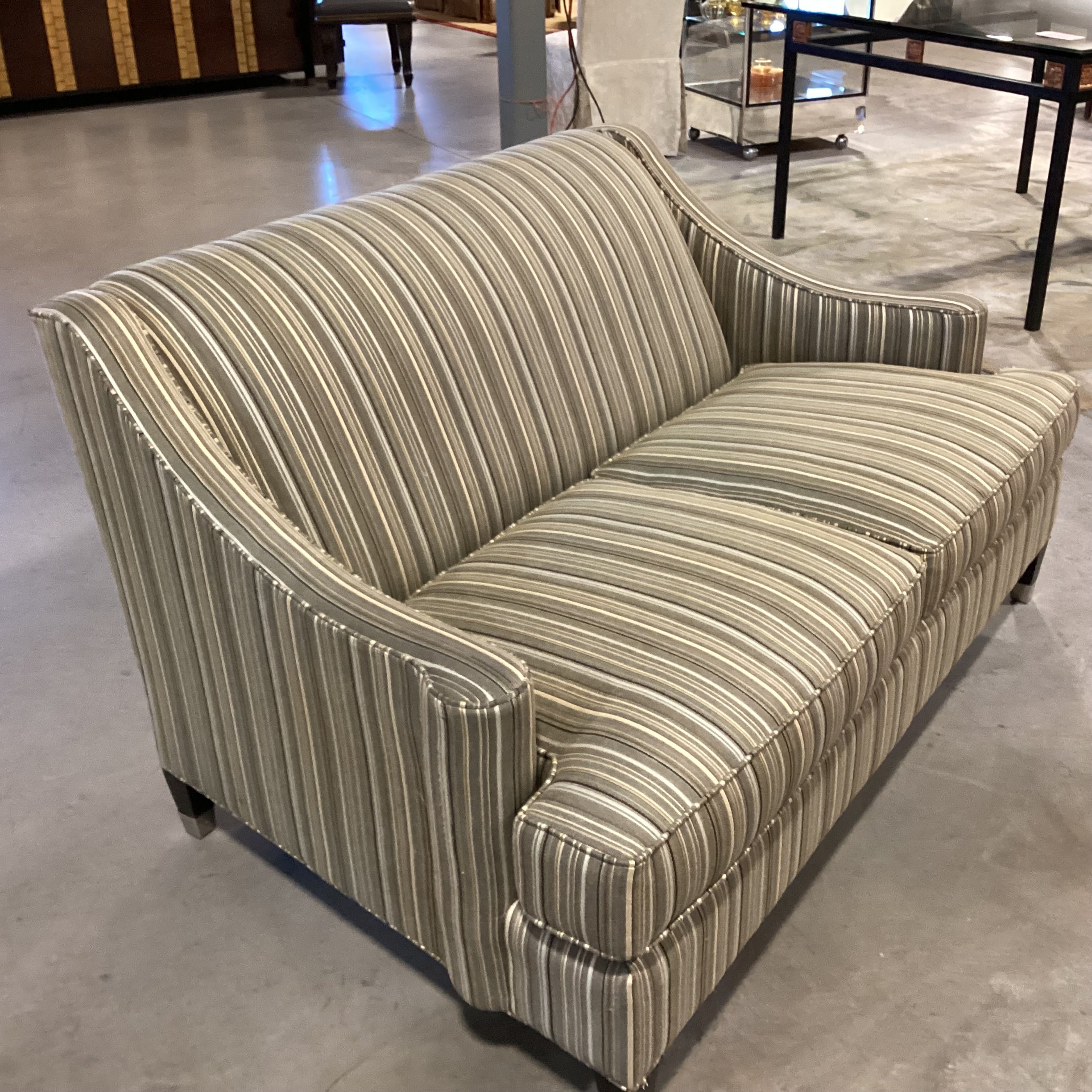 Room & Board Green Gold Brown Stripe with Slope Arm Loveseat Sofa 60"x 36"x 31"