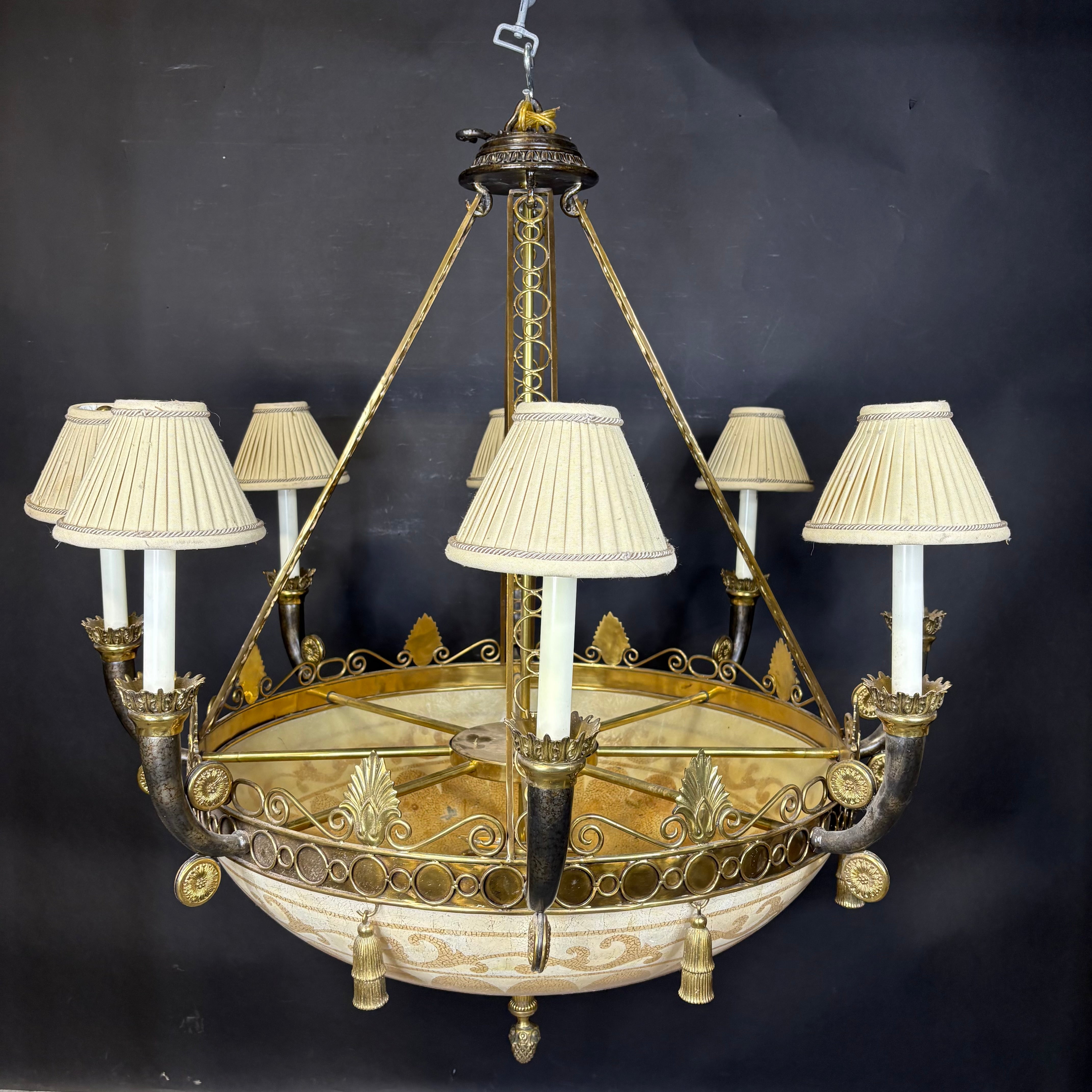 Maitland Smith Ostrich Egg 10-Light Ornate Bronze and Brass with Shades Chandelier 42” Diameter x 46”