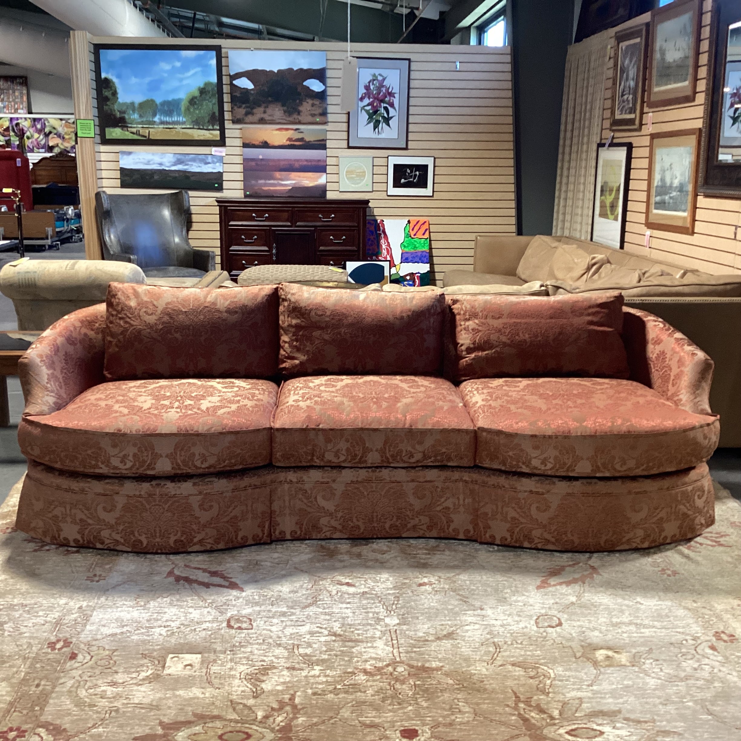 Custom Golden Burnt Orange Ornate Silky Metallic Floral Down Mix Curved Sofa 107"x 44"x 32"