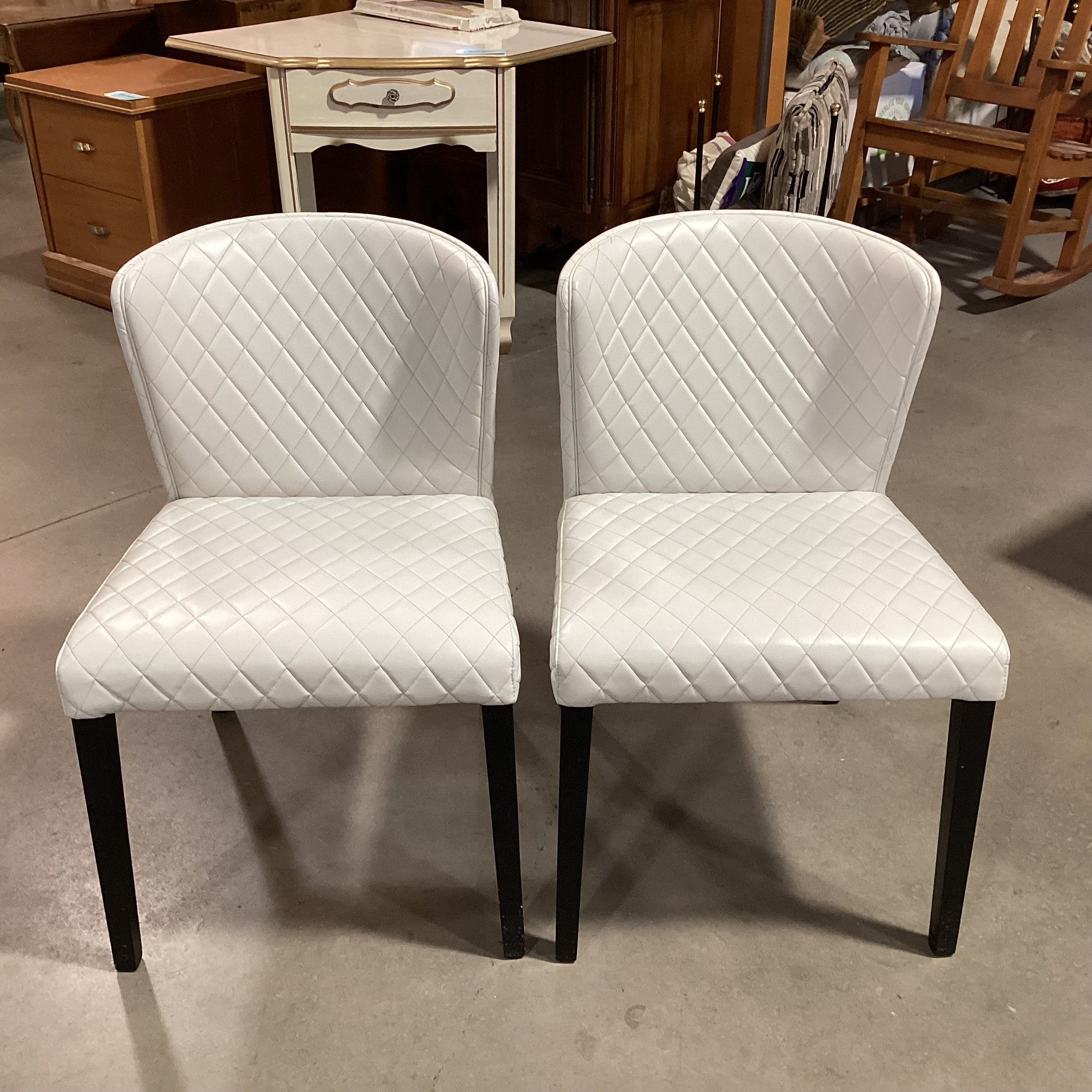 SET of 2 Crate & Barrel Curan White Quilted Faux Leather & Black Wood Dining Chairs 21"x 23"x 32"